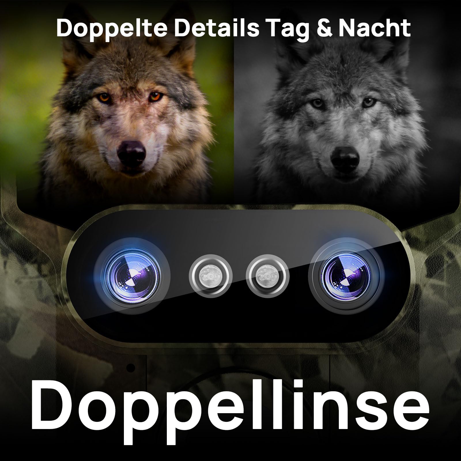 iZEEKER Wildkamera WLAN Duales Objektiv 4K 30fps 60MP, Wildtierkamera mit Sternenlicht Nachtsicht Bewegungsmelder, 120° Erfassungswinkel 0,1s Auslösezeit, Wildcamera mit 32GB SD-Karte und 4 Batterien