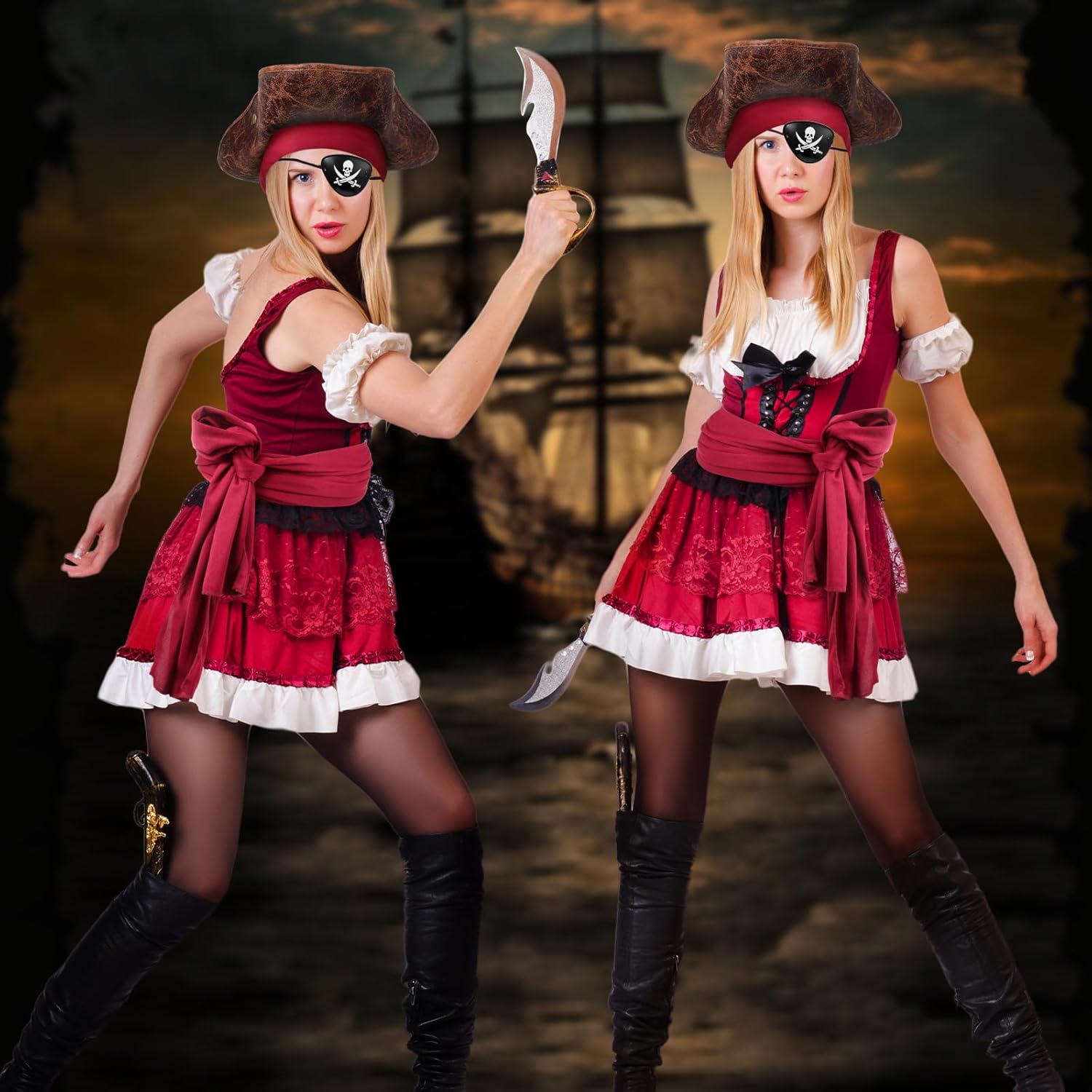 Capoda 6 Pcs Pirate Costume Accessories Set for Women Men, Pirate Hat, Head Scarf, Sash, Adult Outfit Accessories - Image 5