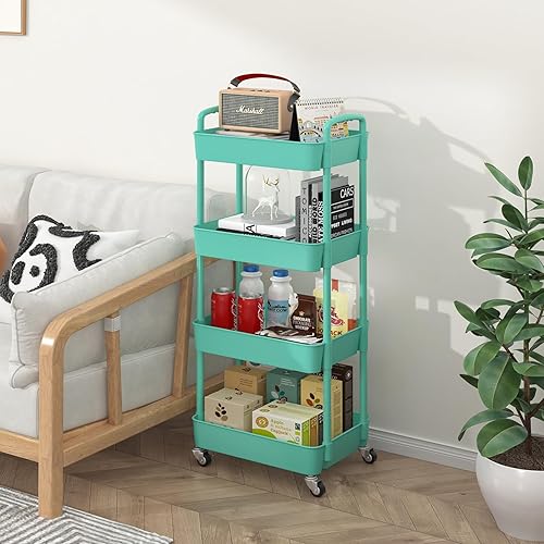 Miniatura 5 de Sywhitta Carrito utilitario de plástico de 4 niveles con asa, carrito de almacenamiento multifuncional para oficina, sala de estar, cocina,