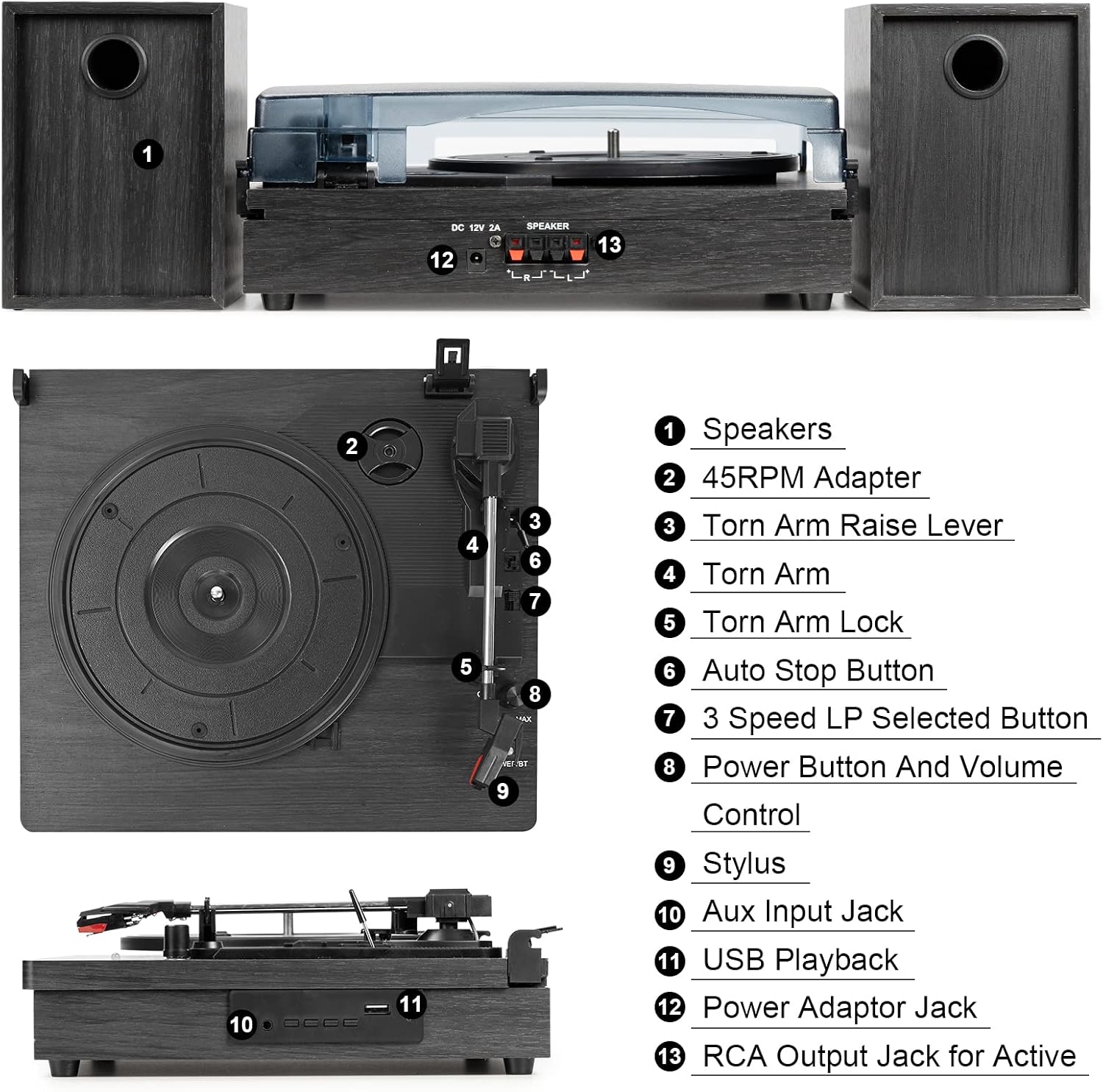 Record Player for Vinyl with Speakers, 3-Speed Vinyl Record Player with Dual Stereo Speakers Support Wireless Connection RCA Output Aux in USB Vintage Design Turntable Black