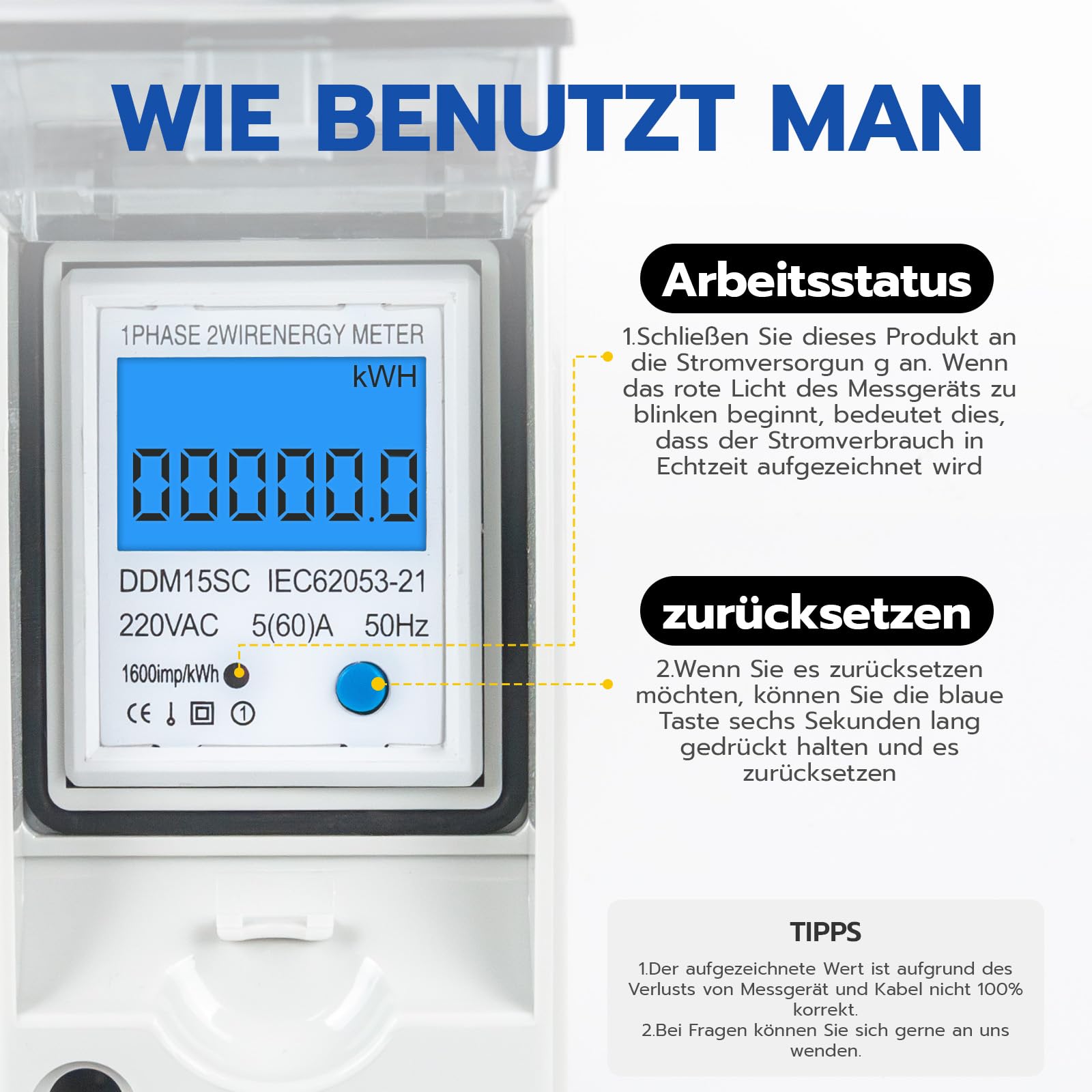 230 VAC 16 A mobiele digitale stroommeter voor stopcontact met FI 230 VAC 16 A mobiele digitale stroommeter voor stopcontact met FI