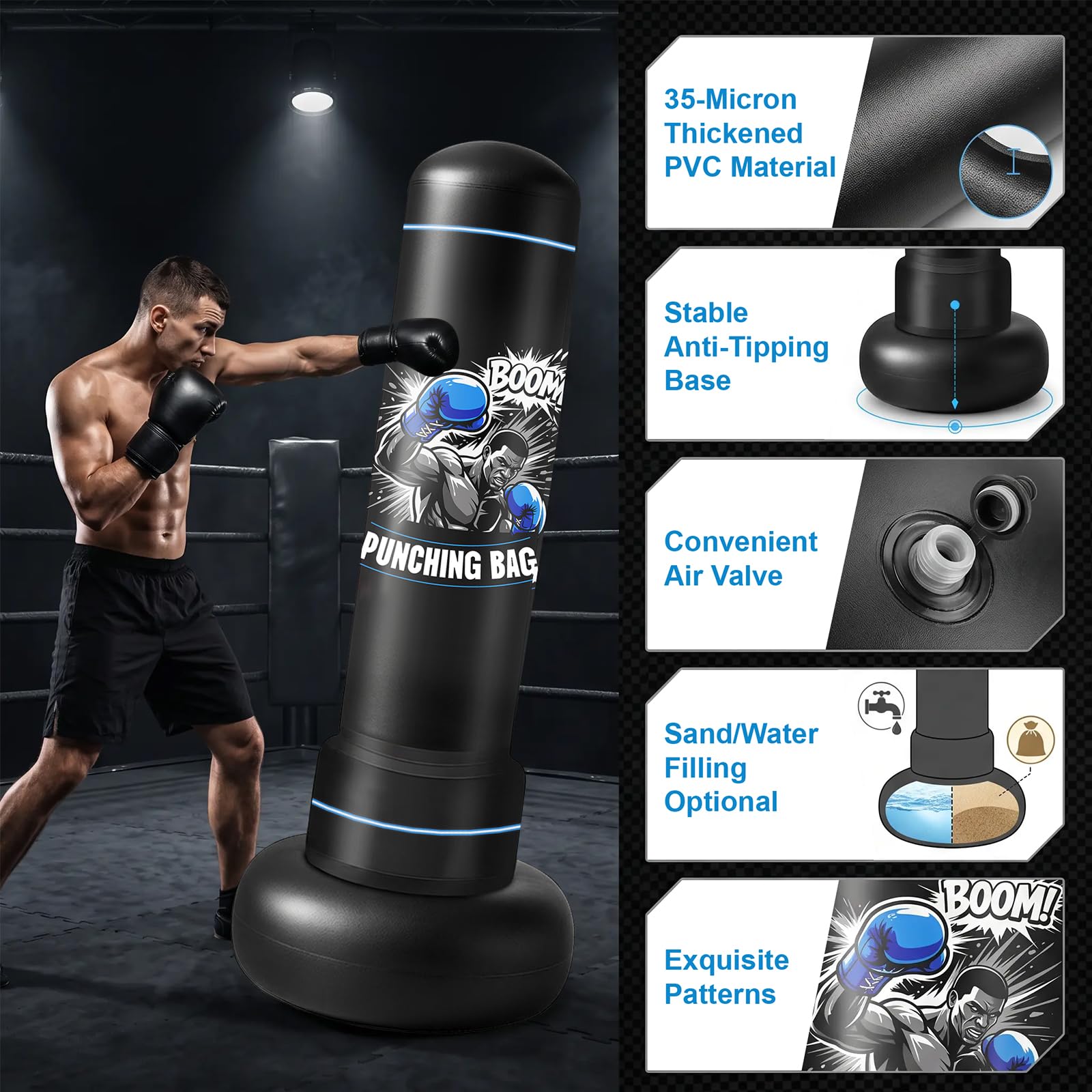 Qoosea Sacco da Boxe da Terra 180cm, Stabile Sacco da Boxe per Adulti Pungiball con Guantoni e Pompa, Sacchi da Box Gonfiabile per Pratica di TaekwondoKarate MMA Fitness