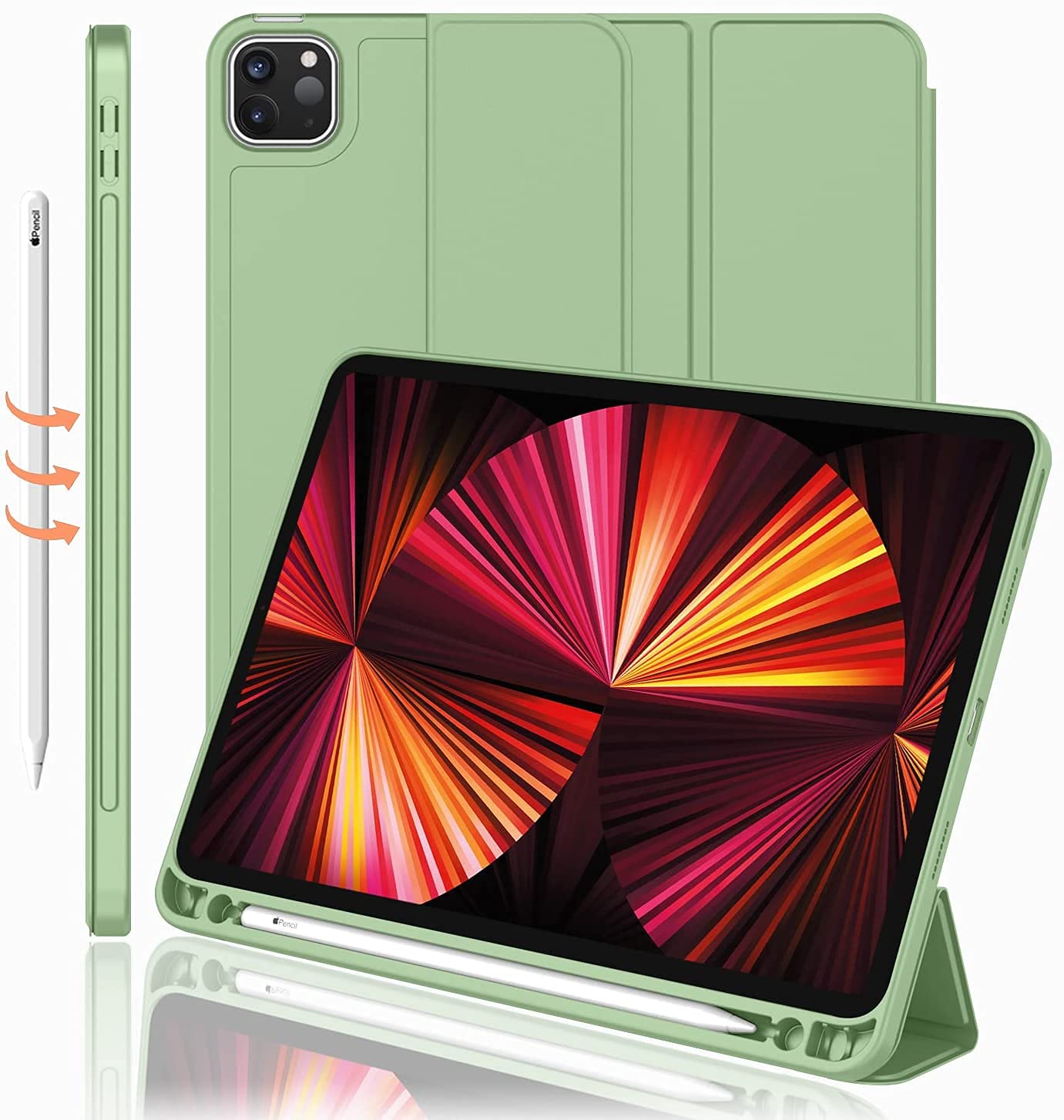 Pencil Holder Case for Apple iPad Pro 11 inch 4th/3rd Generation 2022/2020 Folio Back Cover Trifold Stand Auto Wake/Sleep Cover Support 2nd Gen Pencil Charging - Green