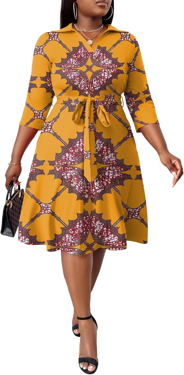 FANDEE Plus Size Midi Dress for Women - Printing Summer Dresses for Wedding Guest Cocktail Party 3/4 Sleeve V Neck（L-5XL） - Image 2