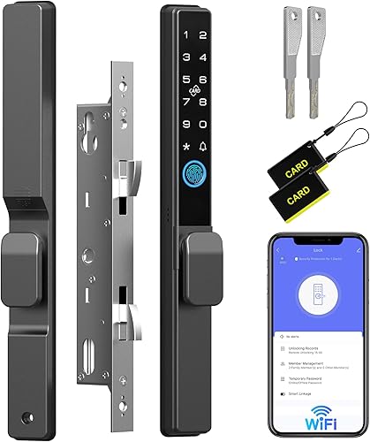 Anweller Cerradura de puerta corredera de cristal con mortaja 2085, teclado inteligente con código de huellas dactilares, aplicación remota RFID,