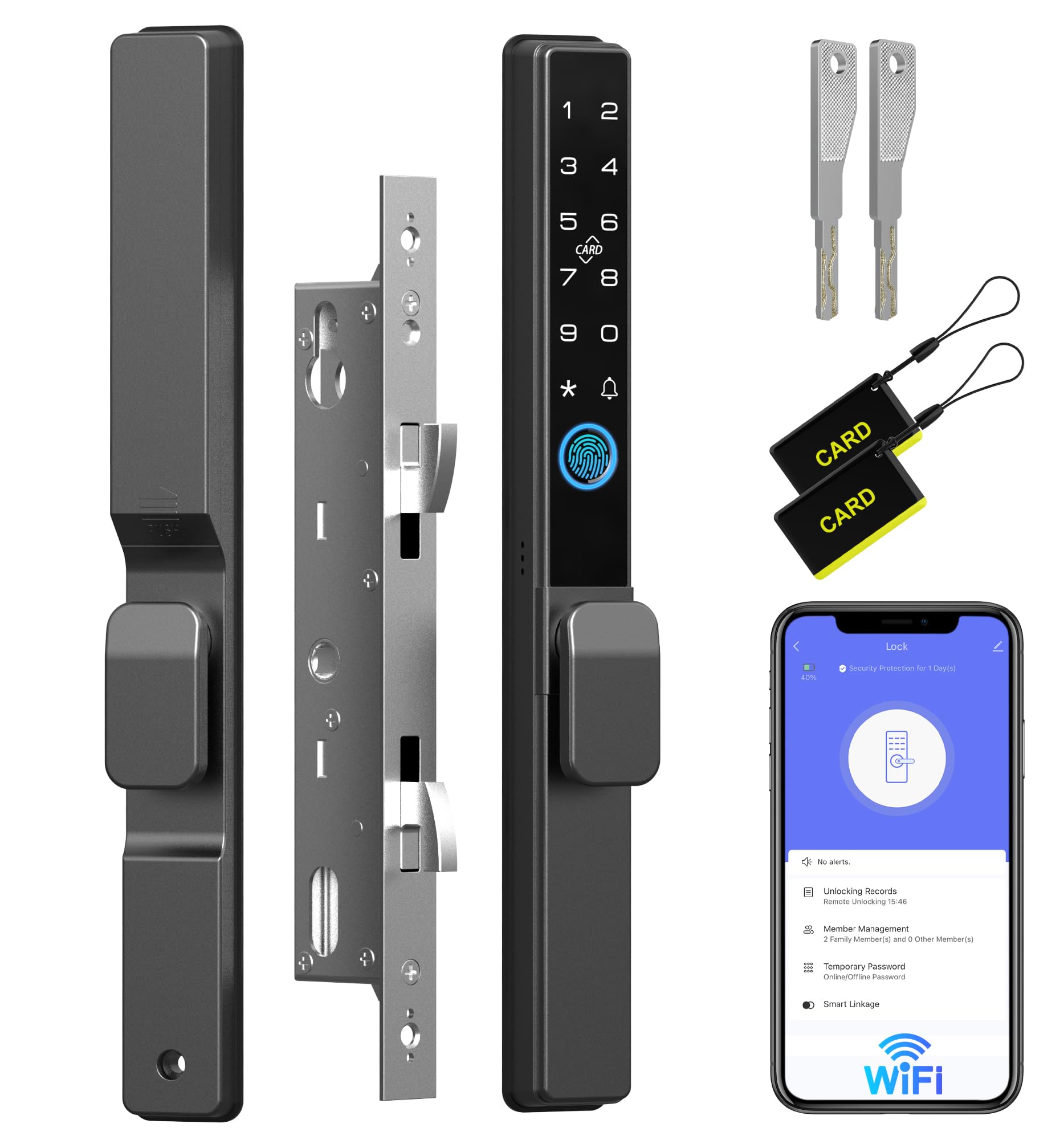 Photo 1 of Anweller 2085 Mortise Sliding Glass Door Lock, Smart Fingerprint Code Keypad RFID Remote App Electronic Digital Biometric Safety Patio Door Double Hook Mortise Lock Set with Handle