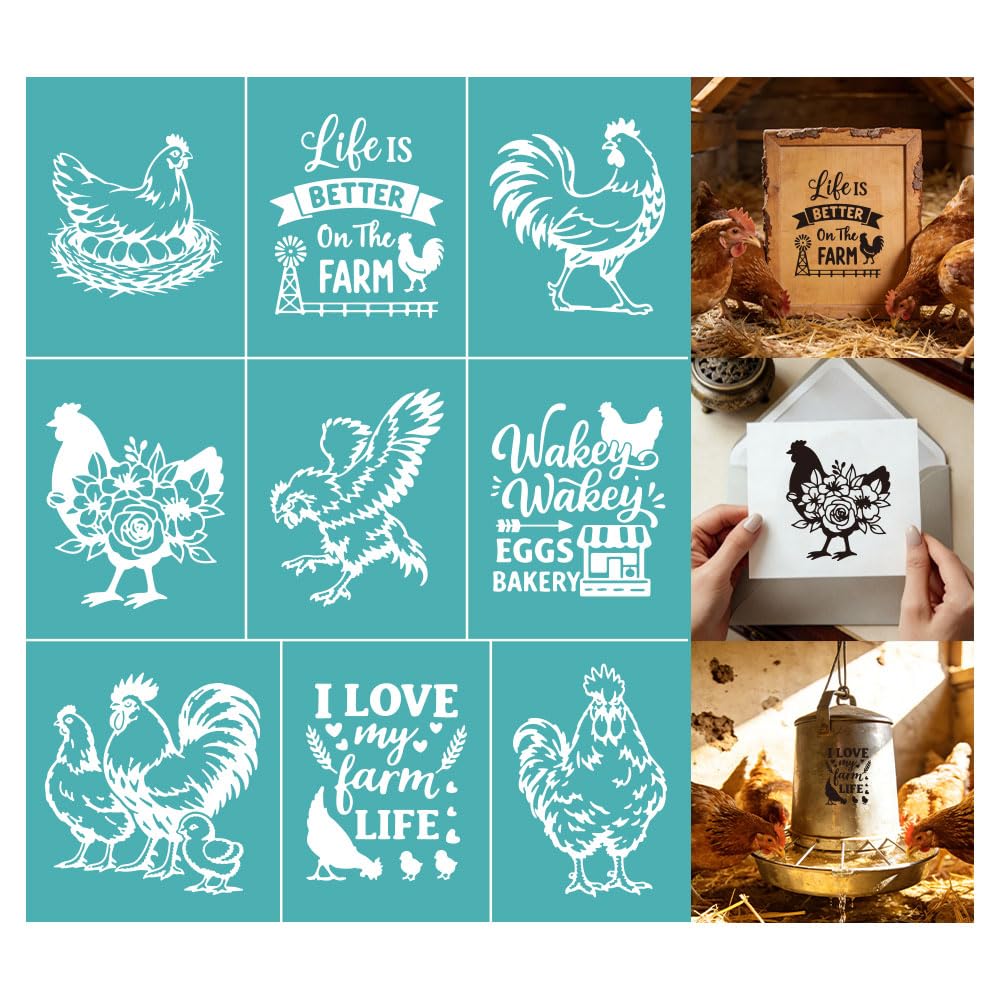 GOMAKERER 2 Sheets Farmhouse Chicken Silkscreen Stencil, Rooster Hen Self-Adhesive Silk Screen Printing Stencils Reusable Mesh Stencil for Painting on Wood, T-Shirt, Home Craft