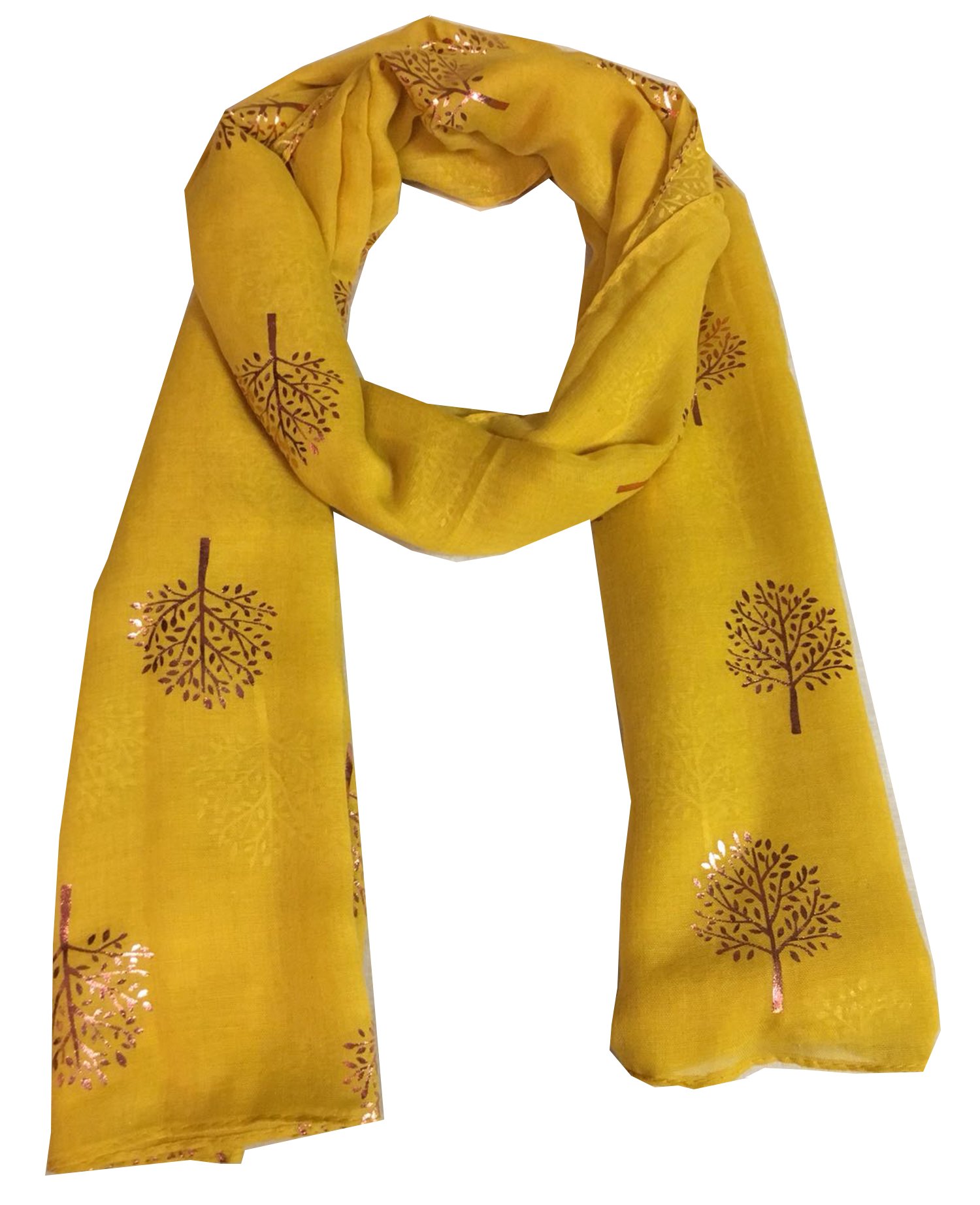 World of Shawls Silver Foil Mulberry Tree Print Fashion Scarf (Mustard With Pink Foil Mulberry Tree)