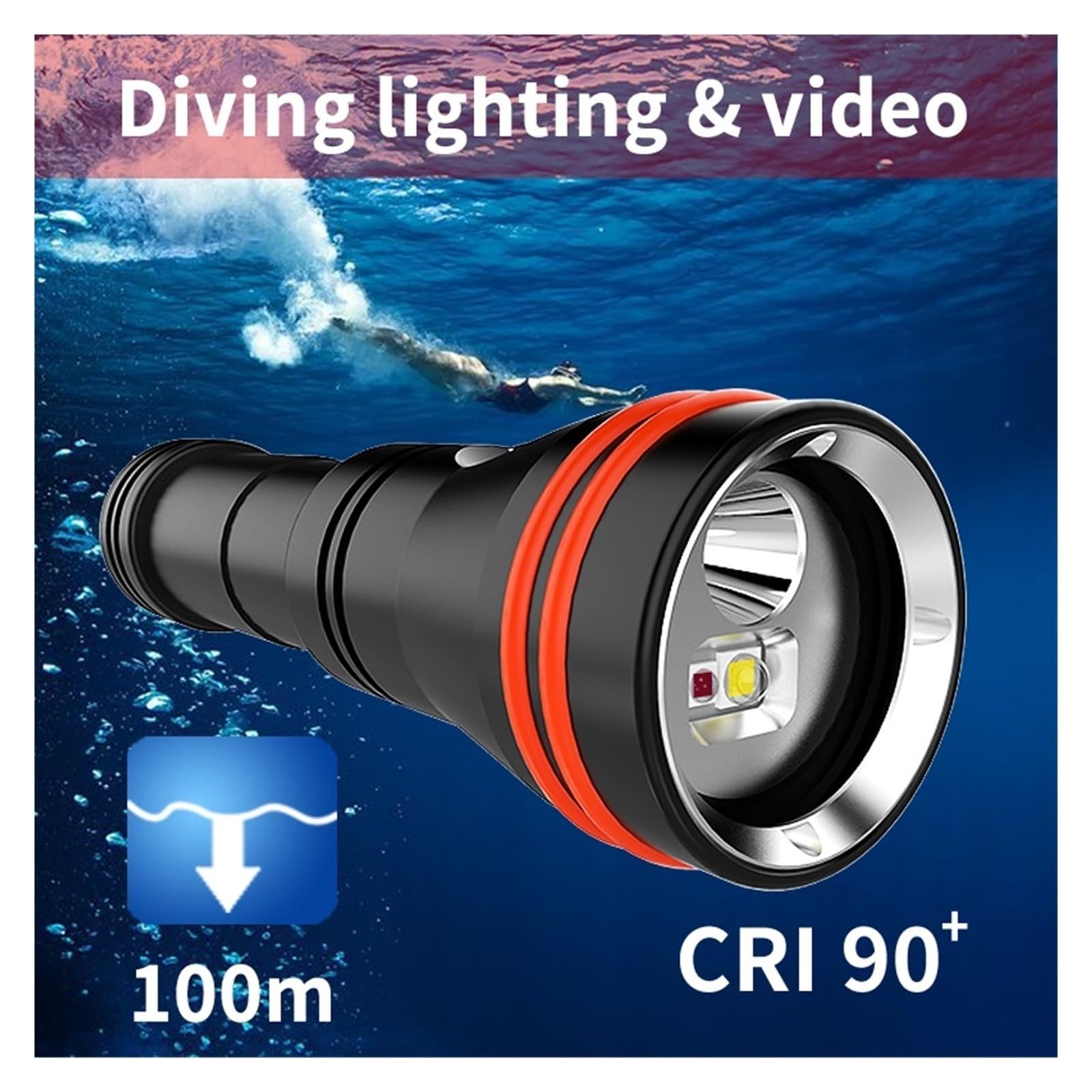 Latarka do nurkowania, D15VP II Nurkowanie Phtotgraphy Light 6500k Latarka Nurkowa Akumulatorowa Wideo HD Wypełnienie Pod Wodą 100m Na ​​26650 Ciasta do sportów podwodnych(D15VP II YS26)