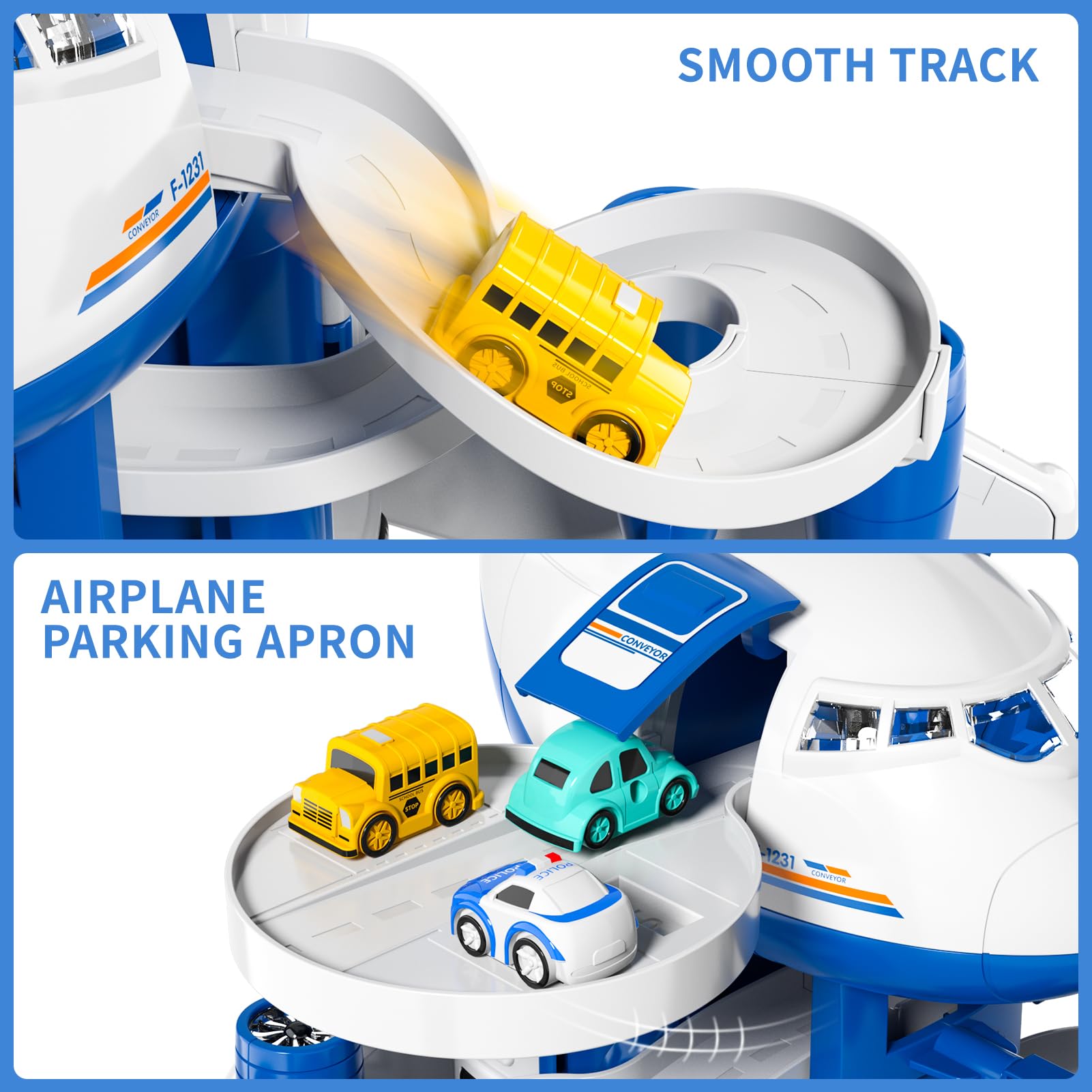 Juguete de avión, coche de pista de carreras para niños con efecto de aerosol único, luces y música, rueda impulsada por fricción
