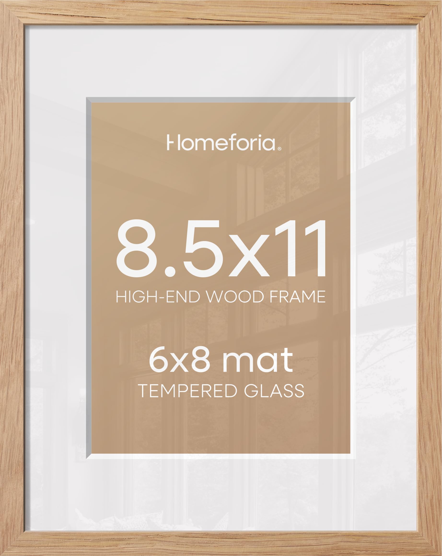 Homeforia 8.5x11 Natural Oak Picture Frame, High-End Wood, 6x8 Mat, Glass | High End Solid Oak Wood, Tempered Glass, Acid-Free 6x8 Removable Mat, 8.5x11 Edge-to-Edge Display 11x8.5, Wall Kit, Set Of 2
