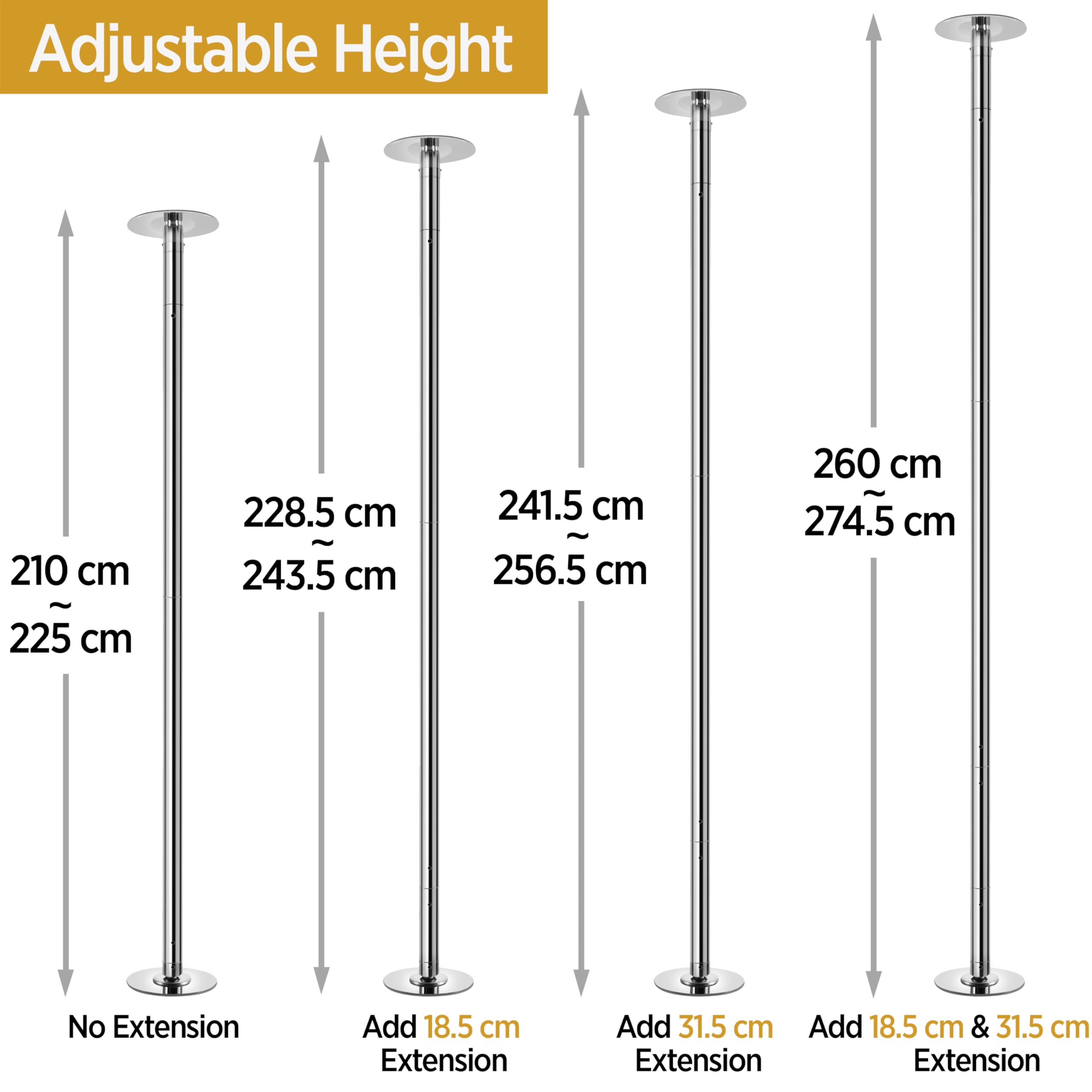 Abician Barre de Pôle Dance Professionnelle 45 mm Hauteur Réglable 225 cm à 274,5 cm Statique et Rotation Chargeable jusqu'à 200 kg
