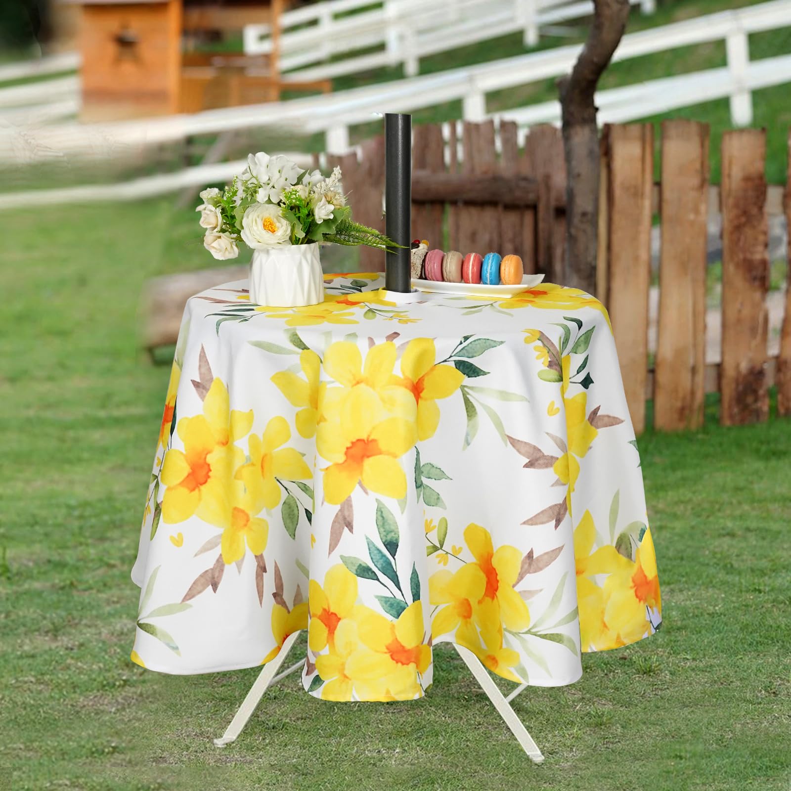 Eternal Beauty 152cm Round Yellow Flower Indoor Outdoor Splashproof Tablecloth with Umbrella Hole and Zipper for Patio Garden Party and BBQ (60") - Image 4