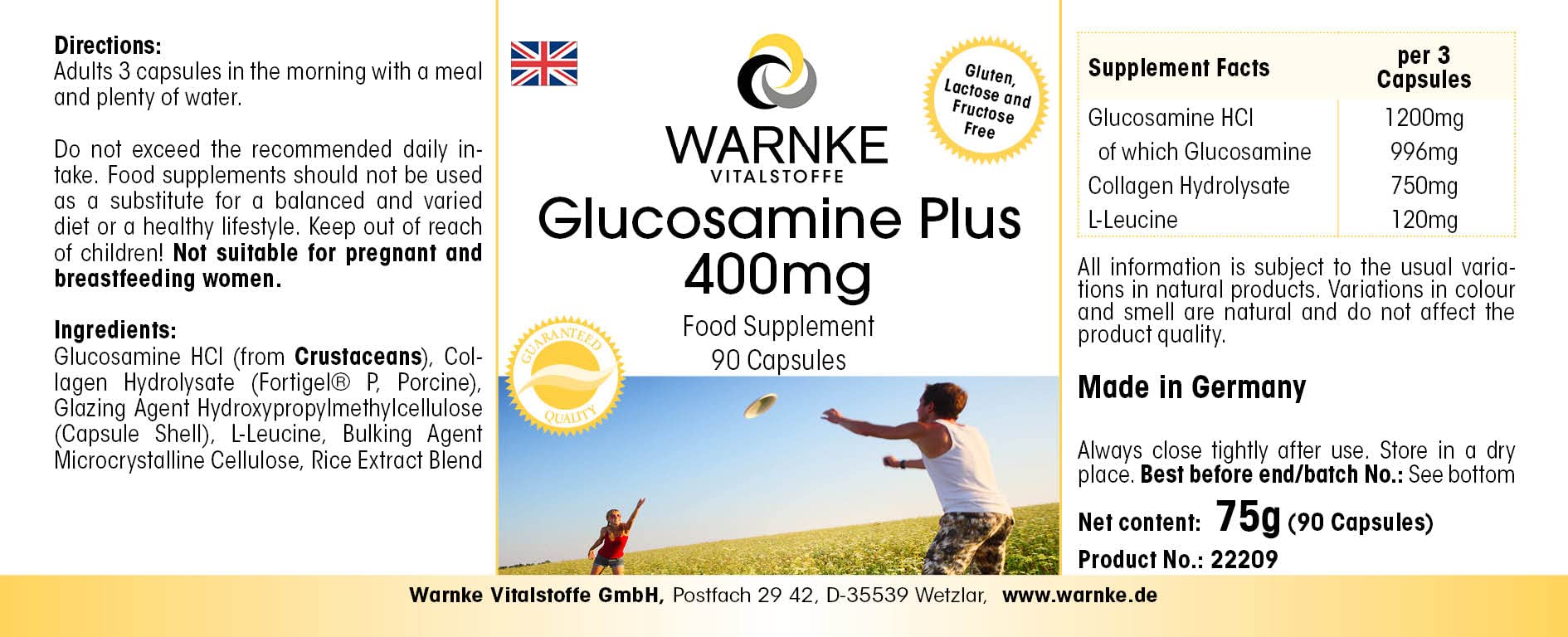 Glucosamine Plus 400mg - avec 1200mg de Glucosamine par dose journalière - 90 gélules - Avec Collagène | Warnke Vitalstoffe - Qualité des pharmacies allemandes (Lot de 3)