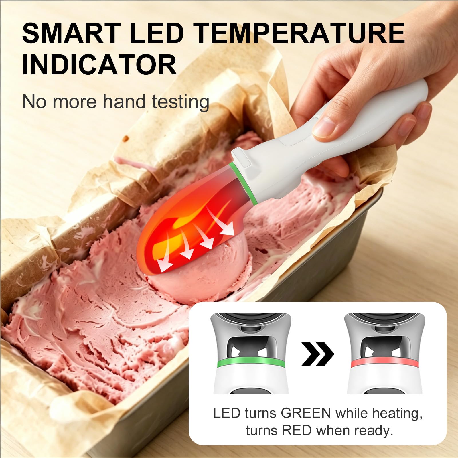 Cuillère à glace chauffante rechargeable, 4 000 mAh, avec affichage LED, 3 températures jusqu'à 70 °C, poignée ergonomique, cuillère étanche pour crème glacée dure (blanc)