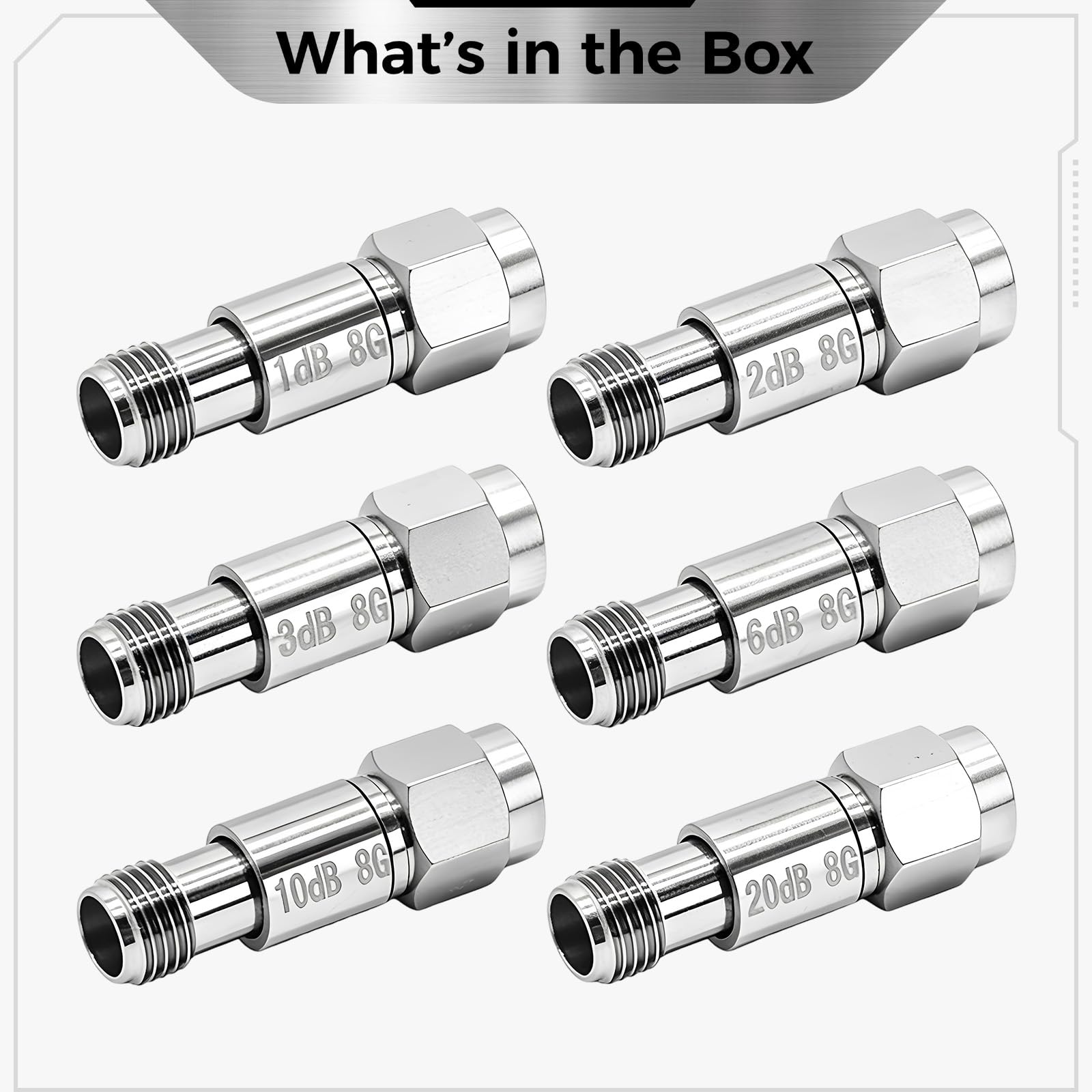 6 atenuadores RF, DC 8G SMA coaxiales de 2 W, atenuadores fijos de 1 dB a 20 dB, diseño compacto de cobre y acero inoxidable, adecuado para diversas necesidades de gestión de señales