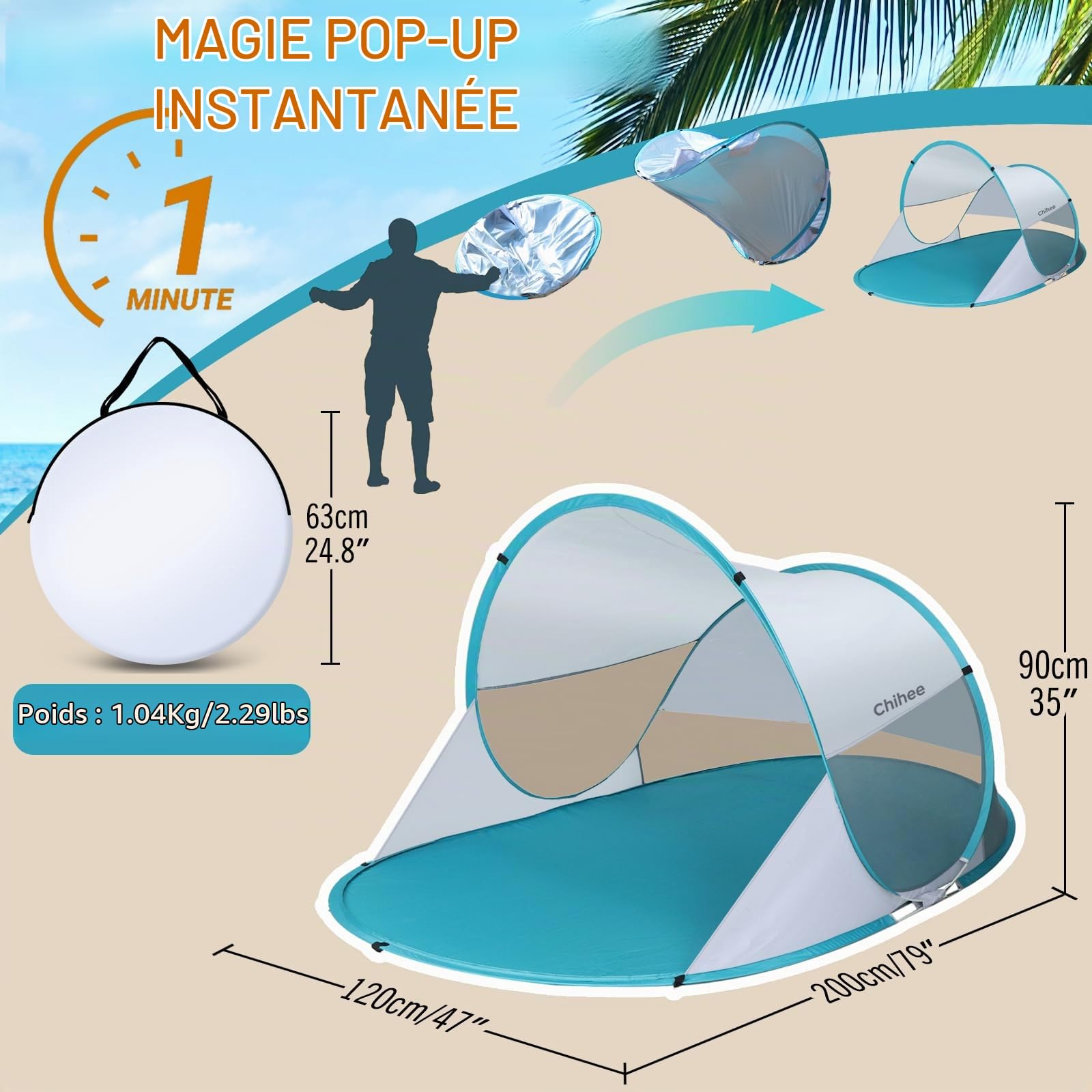 Chihee Tente de Plage Abri Solaire de Camping Pop-up avec Protection UV Tissu argenté Maille Respirante Sacs de Sable supplémentaires,Léger Facile à Installer Ombrelle de Plage Portable Auvent Caban