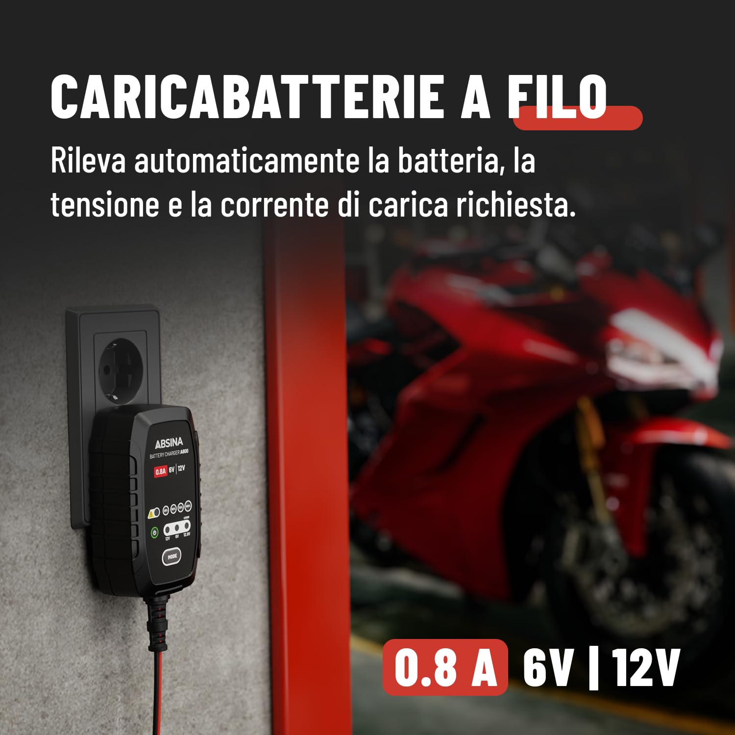 ABSINA Caricabatterie auto al piombo fino a 26Ah / 12,8V Litio fino a 15Ah - Mantenitore batteria moto automatico - Caricatore batteria moto e caricabatterie scooter con cavo da 3,4m, 800mA