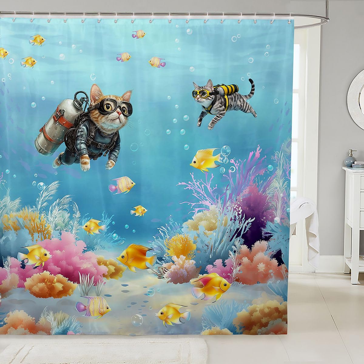Homemissing Funny Cat Shower Curtain 150x180cm Diving Cat Bath Curtain for Bathroom Decor Fish Coral Bathroom Accessories Ocean Scenic
