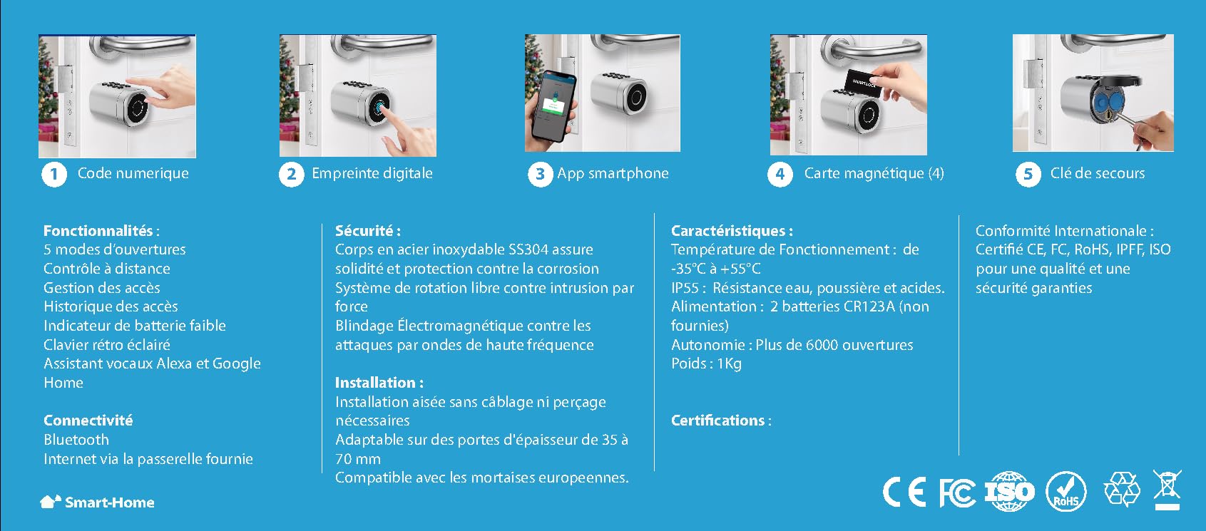 WizElek – Cilindro serratura smart Tuya Bluetooth, gateway Bluetooth/Wi-Fi incluso, lega di alluminio effetto inox argento – Accesso: codice, badge RFID (4), impronta, app, chiave (2)