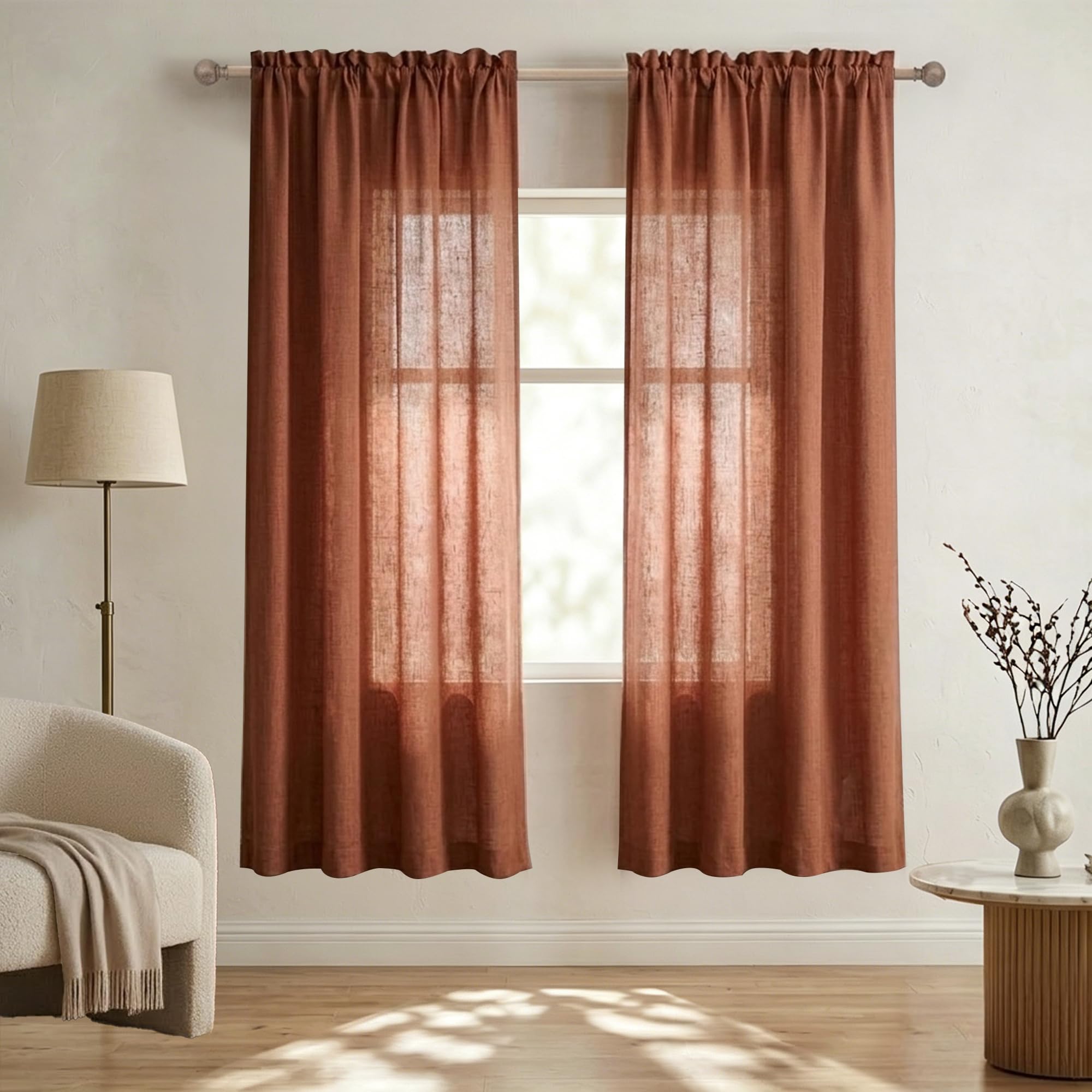 Rostvorhänge 96.4 cm breit für Schlafzimmer, 2 Paneele, Stangentasche, Jute, Leinen, halbtransparent, lichtfilterend, 96.4 cm breit und 63 cm lang, Terrakotta — image 1
