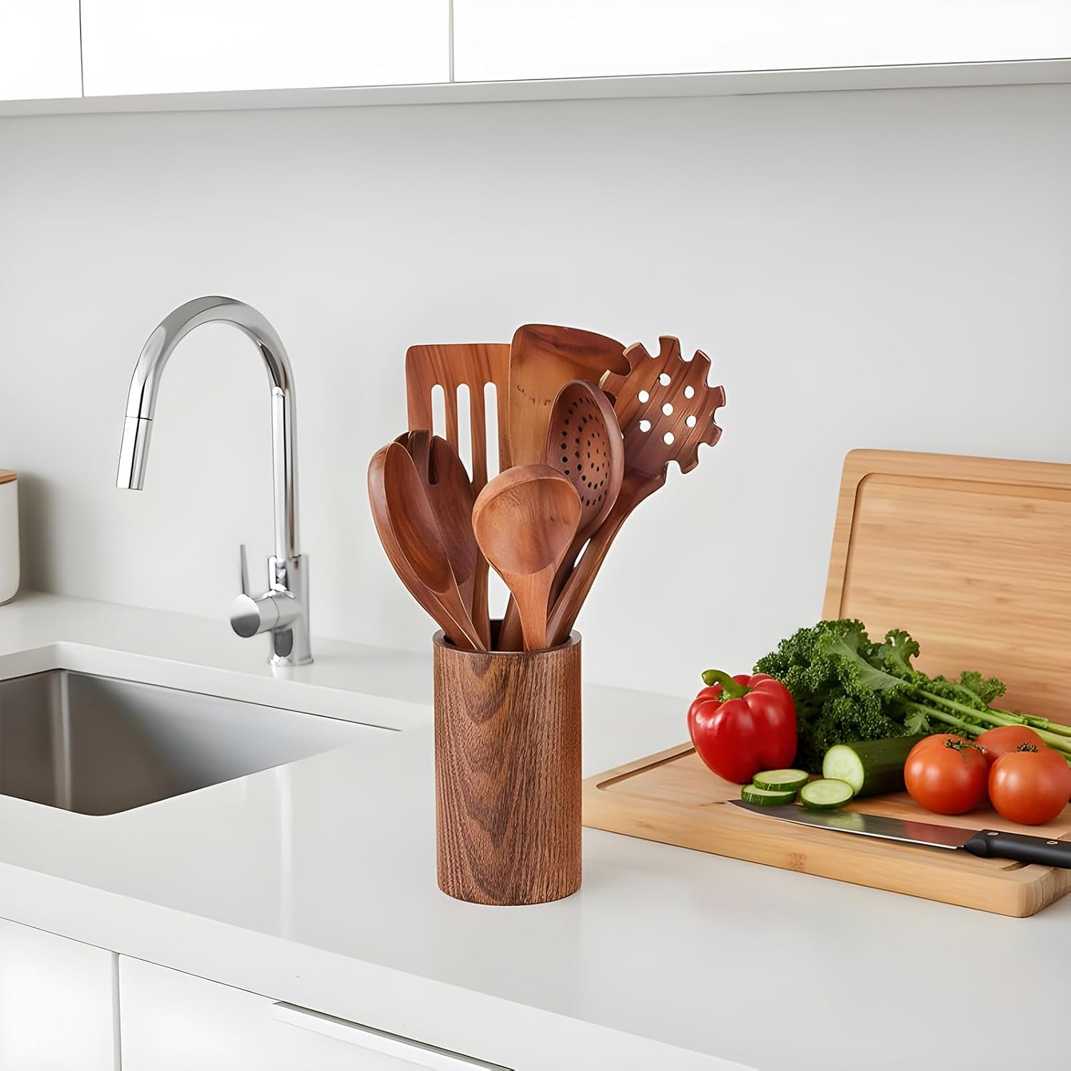 調理用木製スプーン - 8点 ノンスティック スパチュラ レードル - 木製キッチン用具セット - 室内家庭屋外集い旅行パーティー食