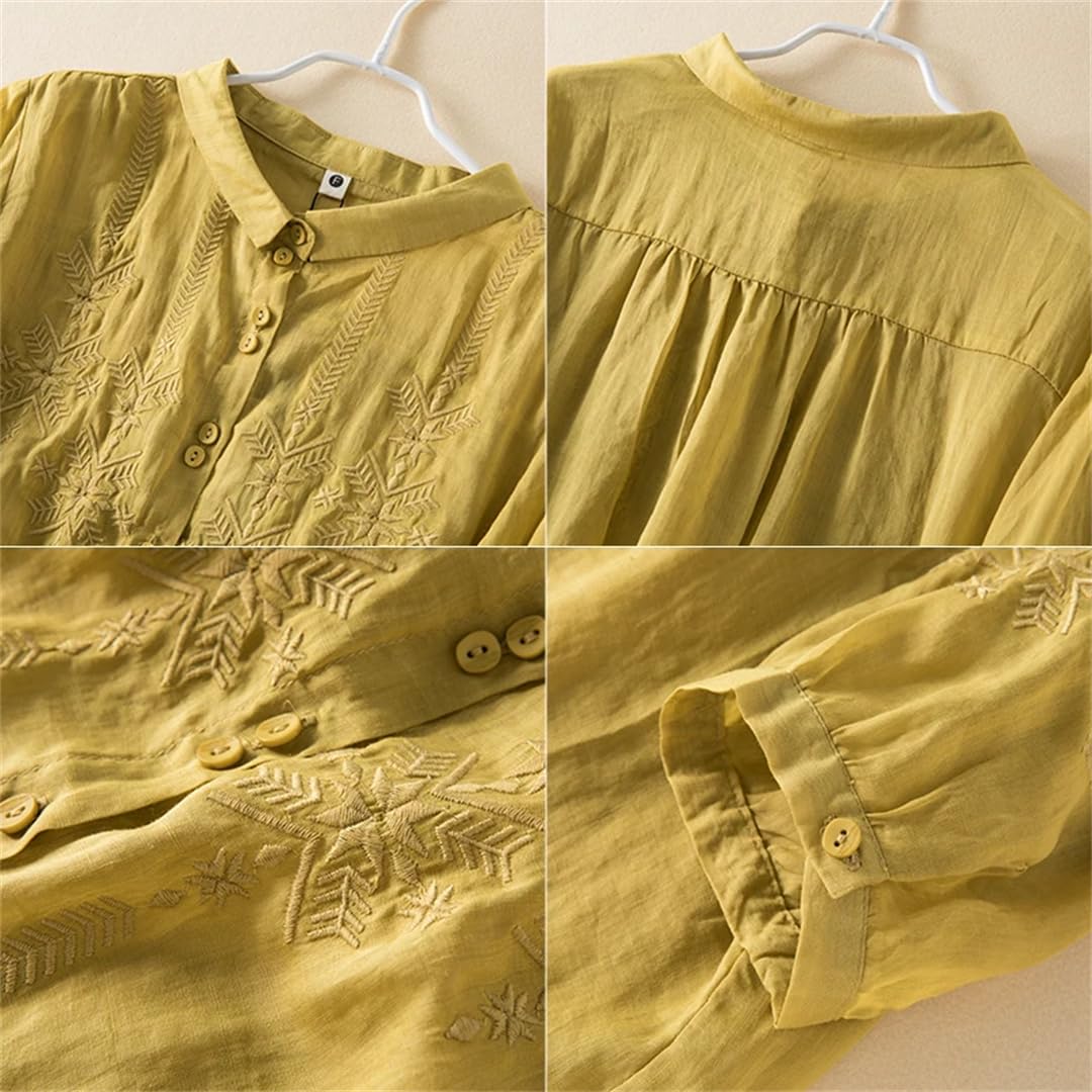 Wvapzxx Camicetta estiva da donna in cotone e lino, con bottoni a mezza manica, colletto rovesciato, camicia