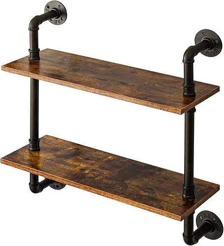 YMYNY Soporte de estante de tubo industrial, estante flotante retro de 2 niveles, estantería de madera, estantes de almacenamiento para sala de