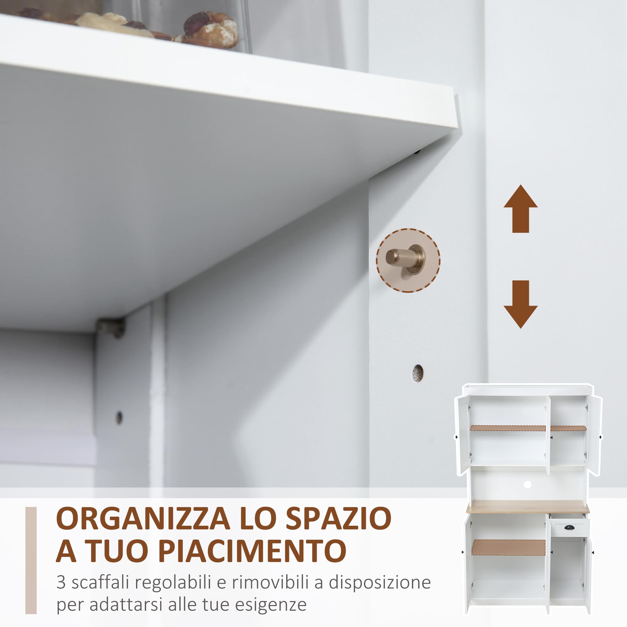 HOMCOM Credenza Cucina Alta con Armadietti, Cassetto e Piano Portamicroonde, Mobile Dispensa Stretto con Ante e Ripiani Regolabili, per Soggiorno, Sala da Pranzo, 101x39x180cm, Bianco