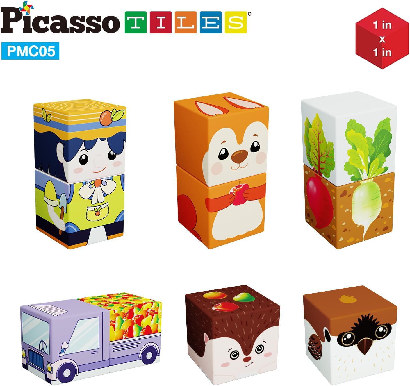 Picasso Cubes 1” Fall Autumn Harvest Theme Magnetic Blocks Build Cubes 90 Piece Magnet Tile Construction Building Block Set Sensory Toy Early Education STEM Learning, Children Age 3+ Boy Girl PMC05