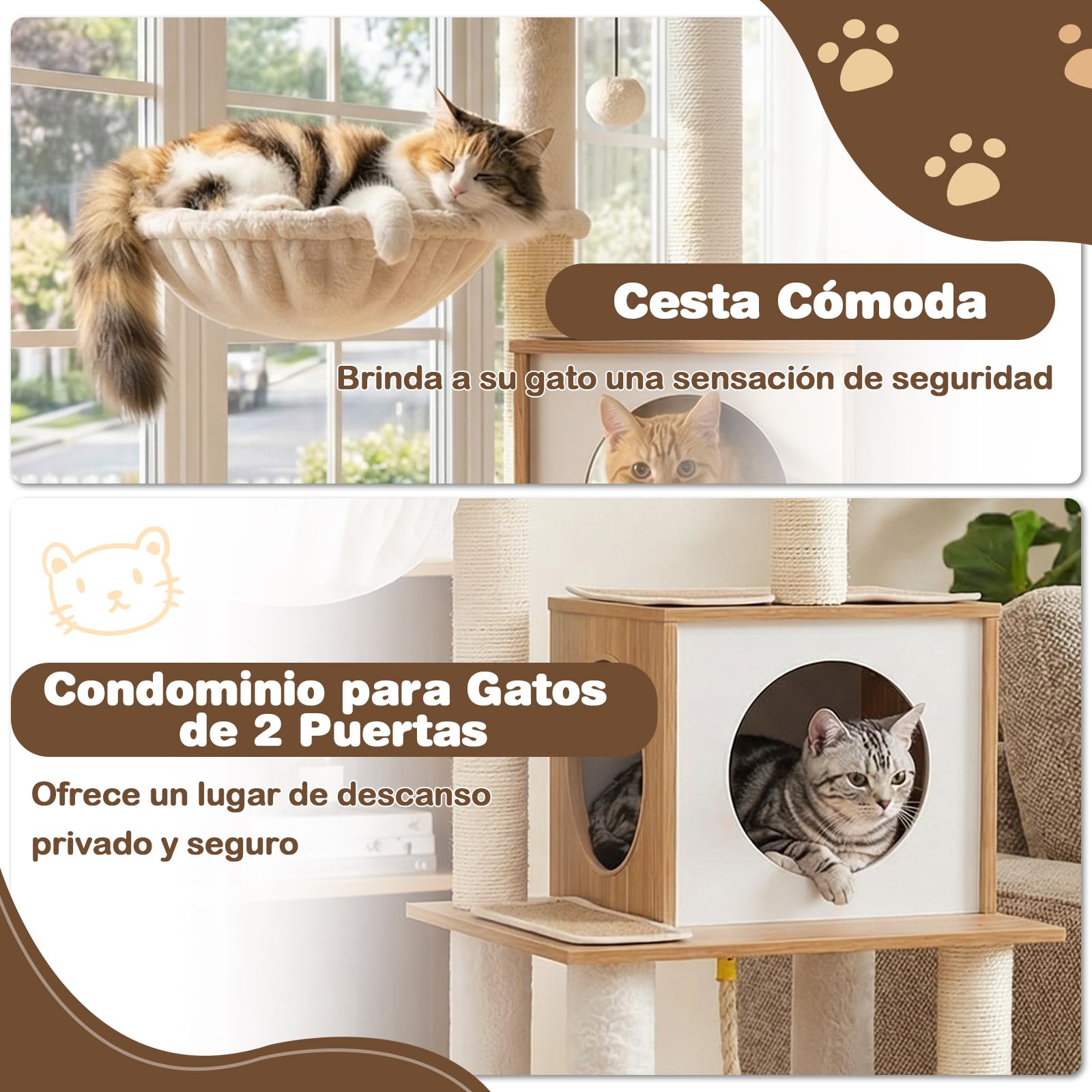 COSTWAY Mueble Rascador para Gatos, 148 cm Árbol Rascador para Gatos con Postes Rascadores de Sisal, Condominio, Percha, Cesta, Juguete, Cojines Lavables, Gran Torre de Madera Multinivel para Gatitos