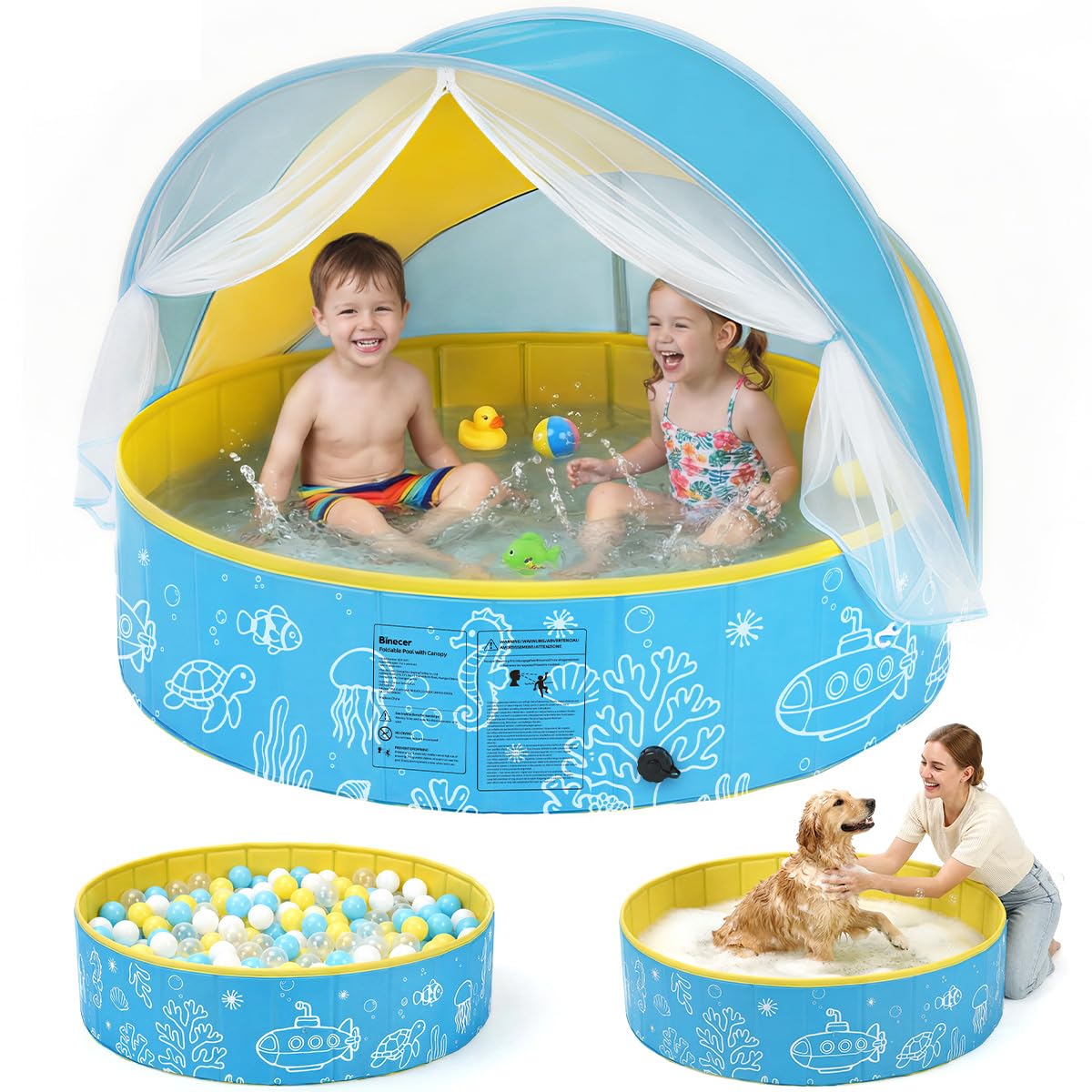 Piscina Plegable para niños con toldo y mosquitera, de Montaje rápido – 3-en-1 Piscina portátil para bebés con ventilación, Incl. Bolsa de Transporte para Playa, jardín, Camping y Viajes