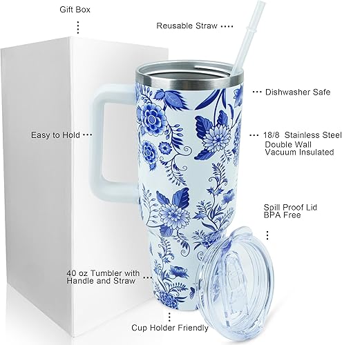 Miniatura 2 de Vaso de porcelana azul y blanco de 40 onzas con asa y tapa de pajilla, a prueba de fugas, taza de viaje de café con asa aislada para bebidas frías y