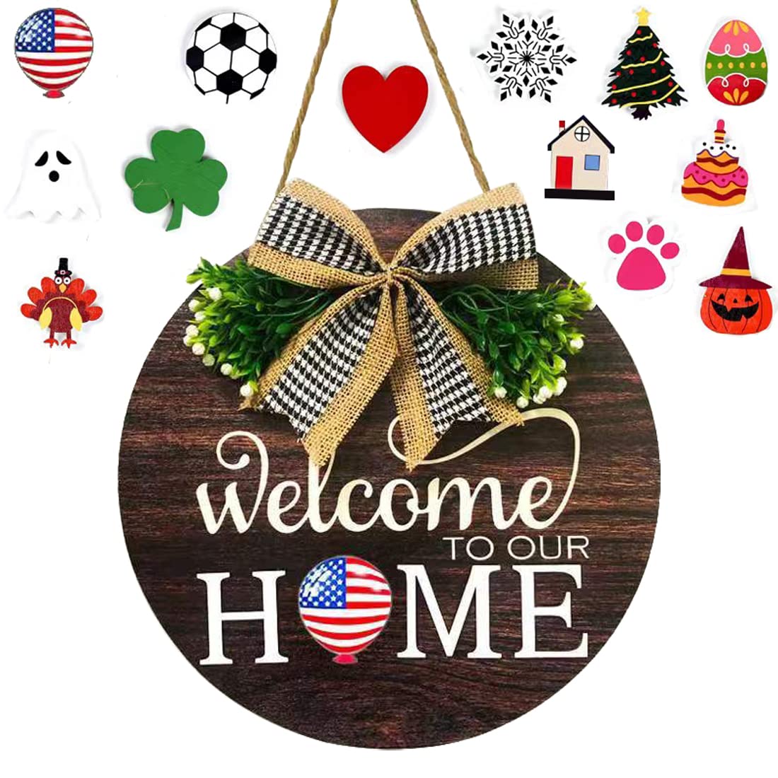 Notrefly Interchangeable Welcome Sign for Front Door Decor, Seasonal Wood Wall Hanging Sign for Outdoor Farmhouse, Porch Home Sign for Holiday