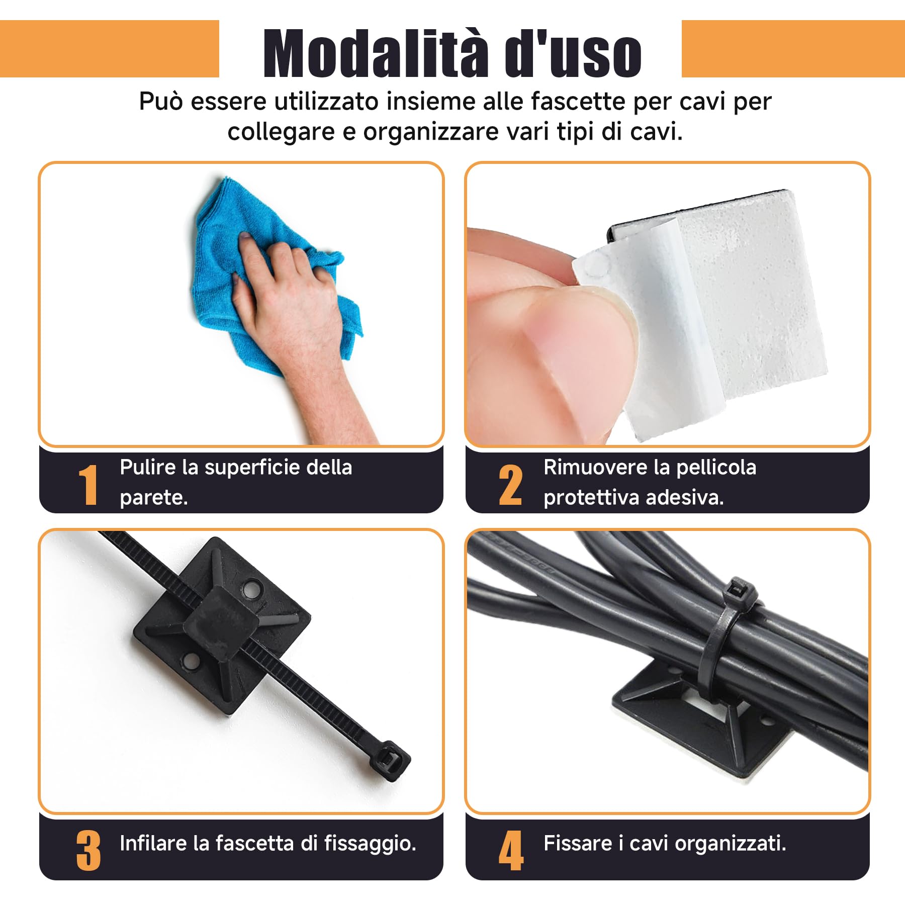 100 Pezzi Supporti Autoadesivi Neri per Fascette con 100 Fascette, Basi Fermacavi Adesive Extra Forte per Cable Management PC, Gaming Setup e TV, 18x18mm, Nero