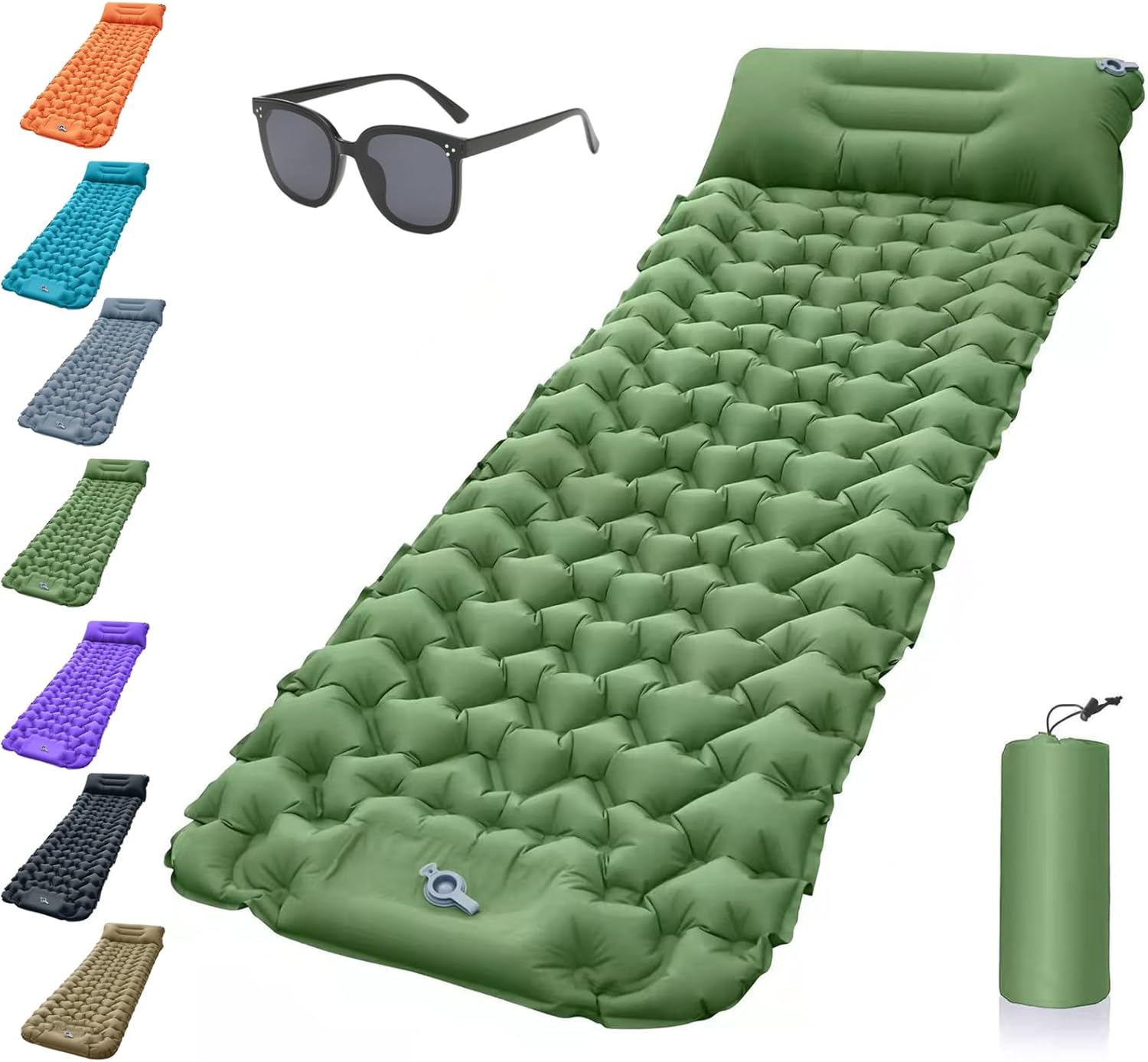 Lounge Mat - Your Portable Chill Zone, Memory Foam Sleeping Pad Built-In Foot Pump with Pillow, Lightweight Portable Waterproof for Outdoor Backpacking Gear Travel, With Sunglasses (Olive Green)