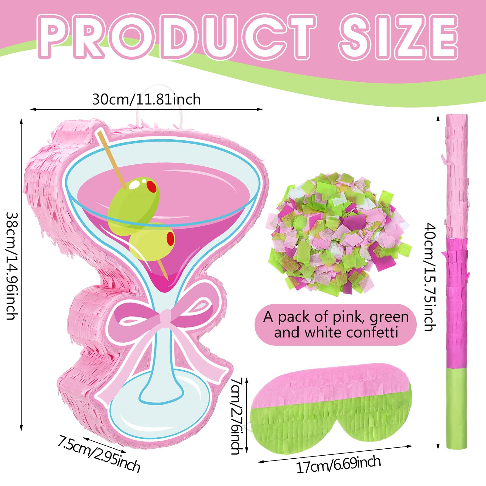 Harloon Pink Martini Piñata with Stick Blindfold Confetti Margarita Bachelor Party Decorations Cocktail Wine Glass for Margs Matrimony Birthday Martini Party Supplies