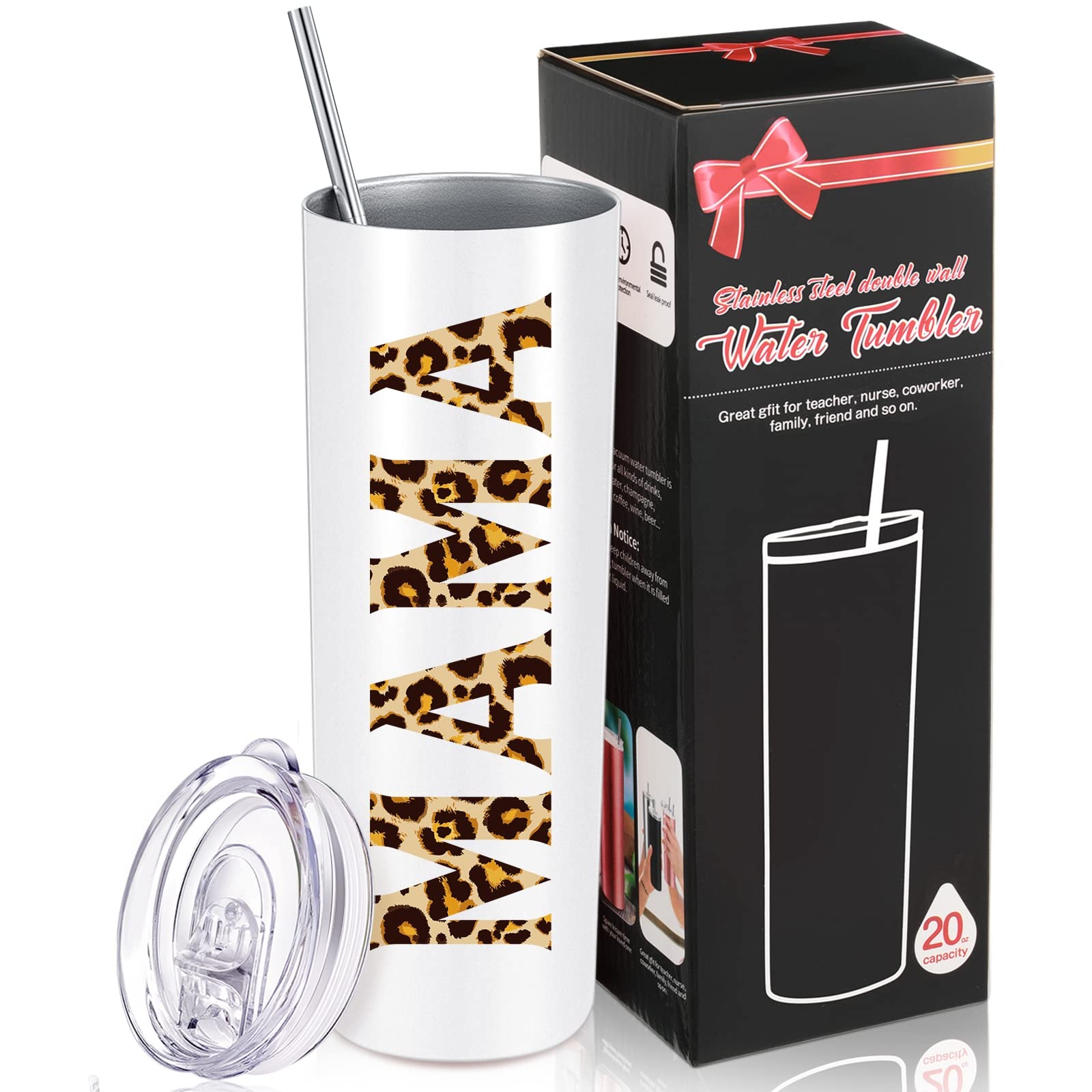 GeiserailieGeiserailie Christmas Water Tumbler for Mama, Gift for Mom from Daughter Son, Birthday Present for Women, Wife, Mother in Law, 20 oz Insulated Leopard Tumbler Cup with Lid Straw Brush(MAMA,White)