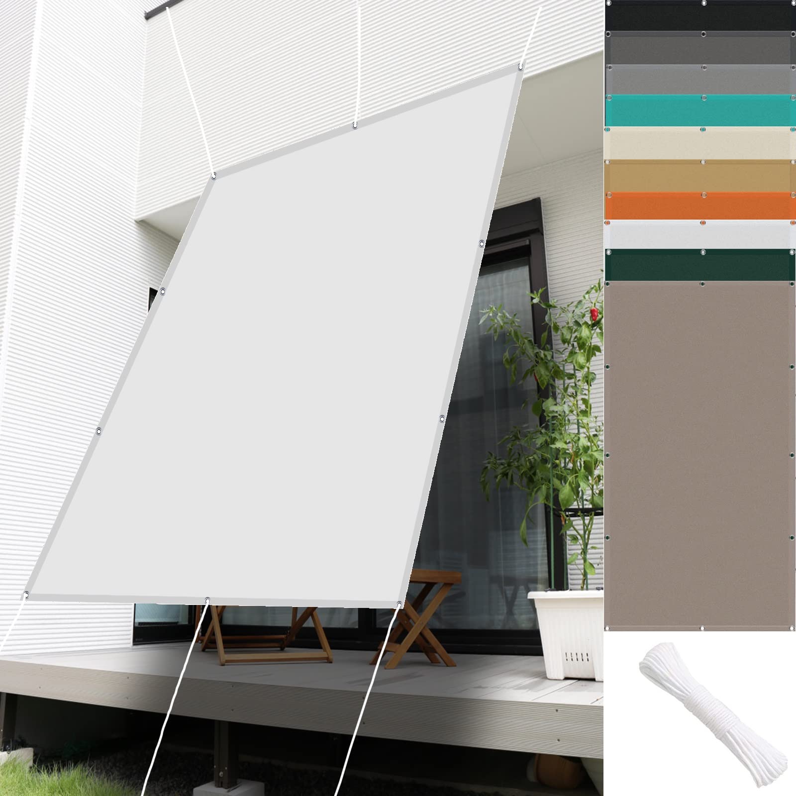 Waterproof Shade Sail 1.2 x 10 m(3.9 x 32.8ft) Waterproof Water-Resistant Sail Canopy 98% UV Block with Free Rope & Fixing Kit Pergola Balcony Sail Shades Fence, White — image 1