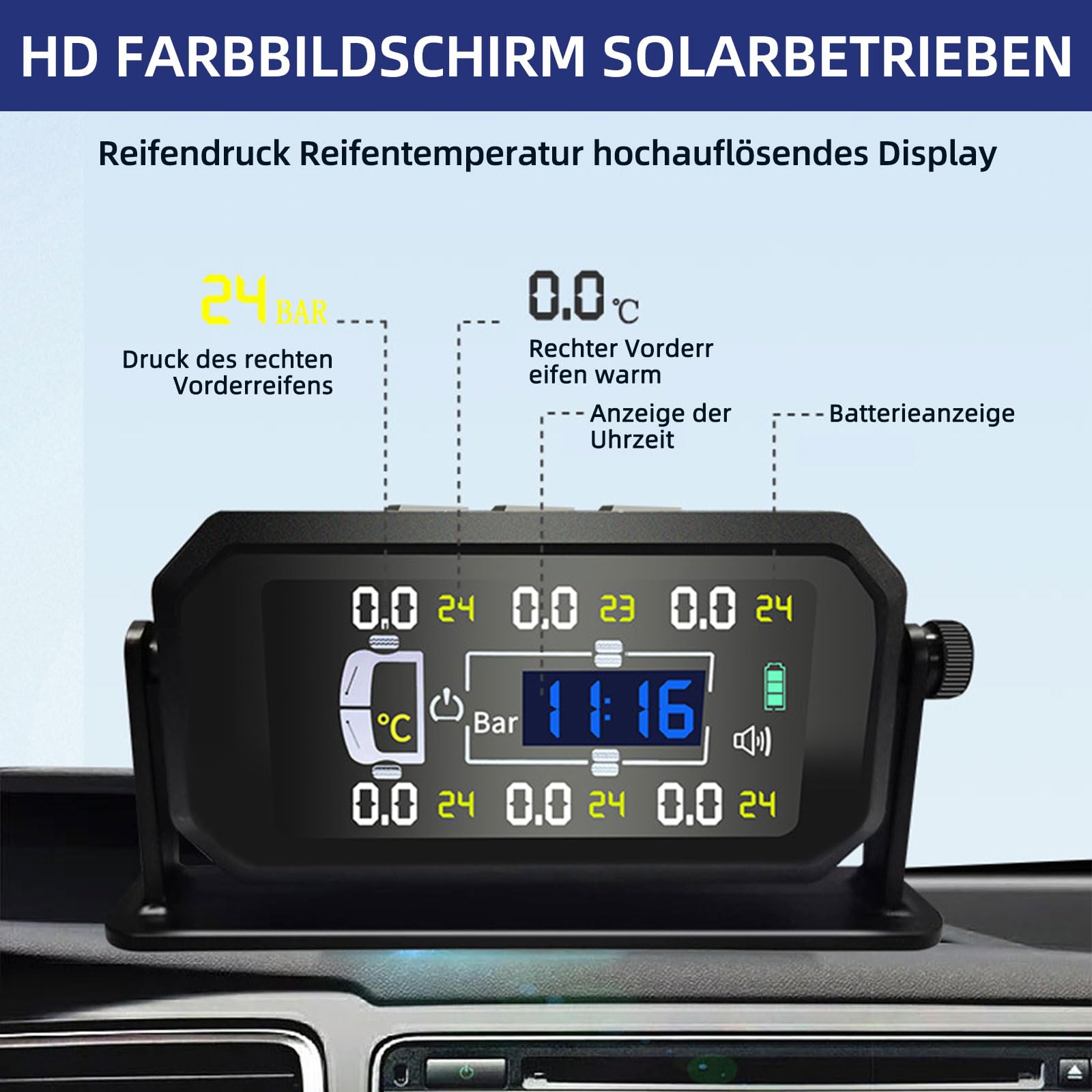 Reifendruckkontrollsystem, TPMS 6 Rad Modi, 8 /15 BAR, 116/217 PSI Max, mit 6 Externen Kupfer Reifendrucksensor, Vertikal/Hängend Montierbar, Solar USB Aufladung, für Busse, Wohnmobile, LKW (0-15 BAR)