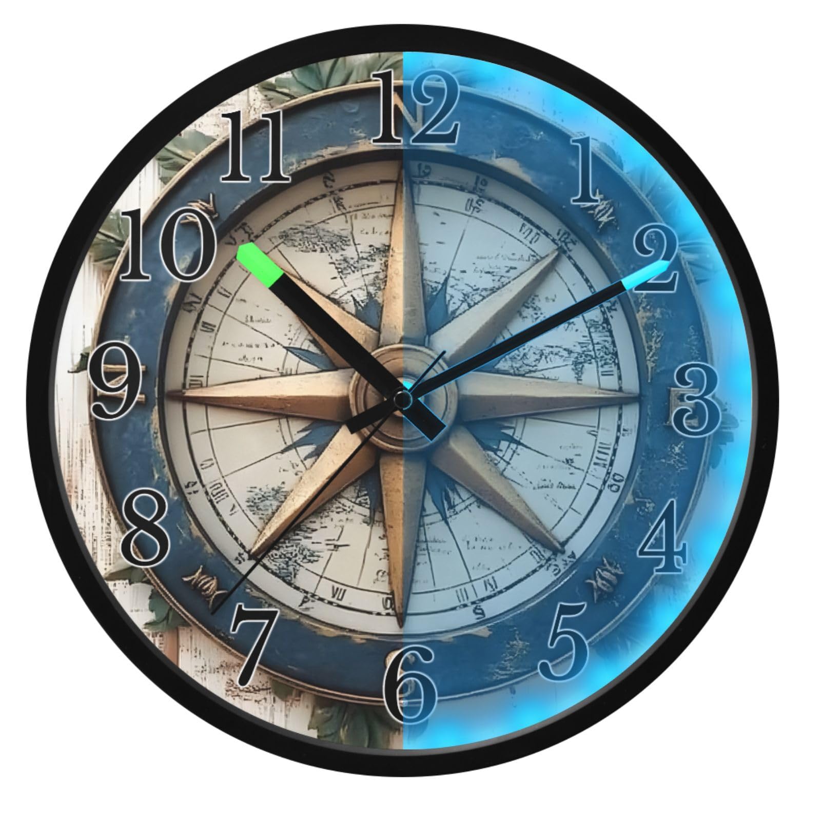 ALAZA Reloj de pared de madera con brújula náutica rústica que brilla en la oscuridad, funciona con pilas, 12 pulgadas, silencioso, sin tictac, luz nocturna para dormitorio