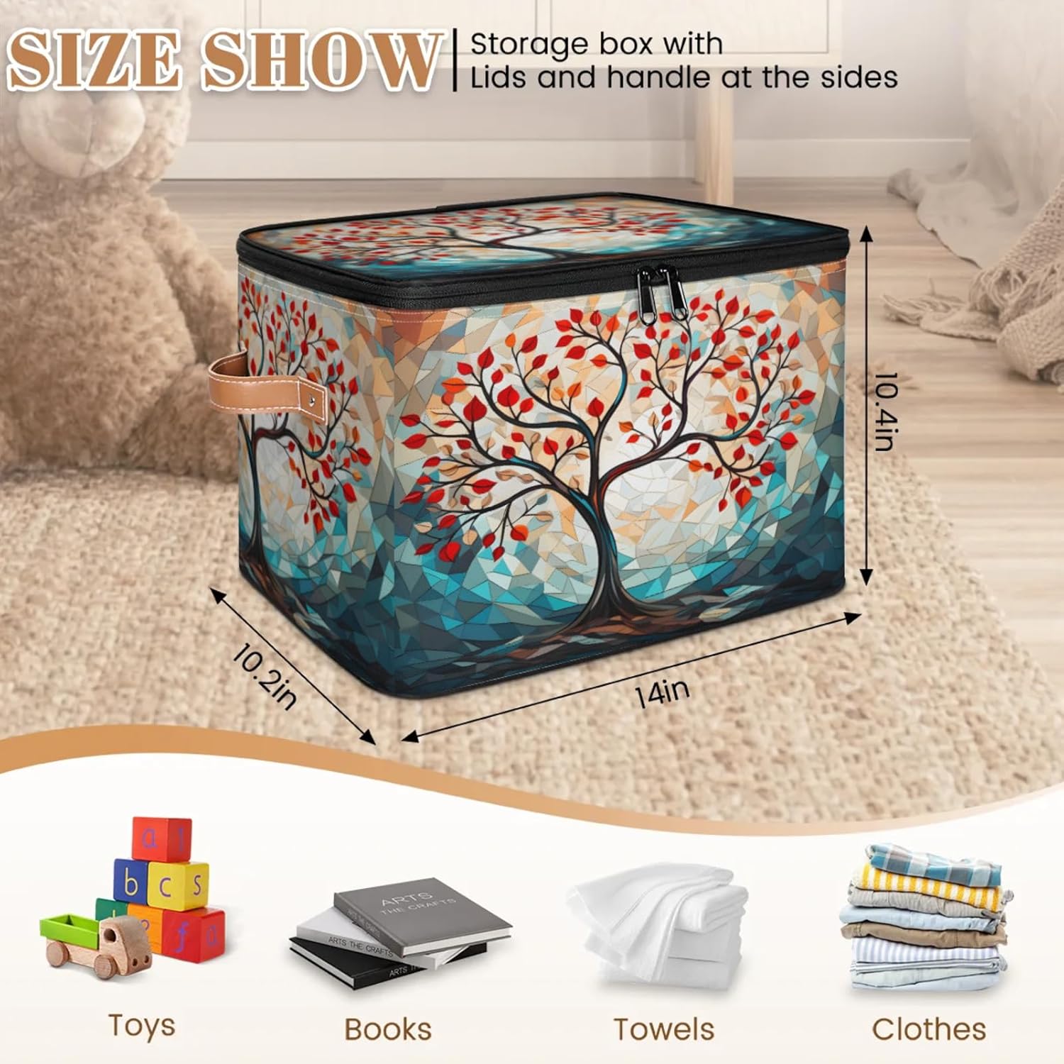 Storage Bin Set of 2 Abstract Tree Storage Basket with Zipper Lid & Handle Foldable Closet Shelf 2 Pack Cloth Organizer Basket Cube Bins Clothes Organizer for Nursery, Bedroom