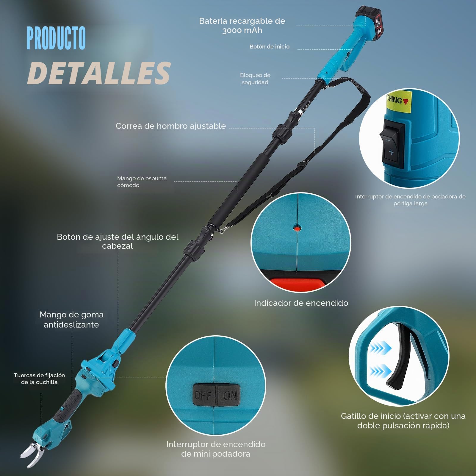 Élagueuse sur perche sans fil 2-en-1 | Perche télescopique de 2,3 m | Écran LCD | 2 batteries 21 V 3,0 Ah | Diamètre de coupe de 40 mm | Compatible Makita | Élagueuse sans fil (2 IN 1)