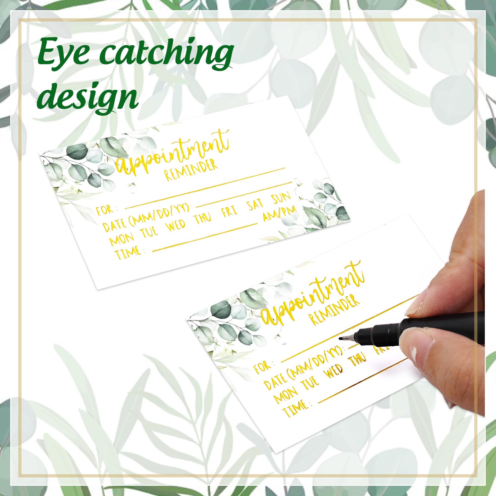 AnyDesign 200 tarjetas de recordatorio de citas verdes, diseño de follaje, tarjetas de cita de lámina dorada para negocios, peluquería, oficina, spa, masaje, aseo de perros, suministros de restaurante