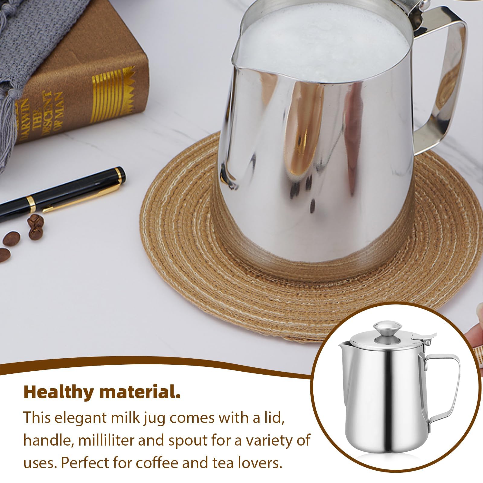 GOMETY 350 ml roestvrij stalen melkkannetje met deksel, melkkan koffiekannetje, melkopschuimkannetje, koffiebarista-accessoires met melkop-laté-stijl naald voor cappuccino (350 ml