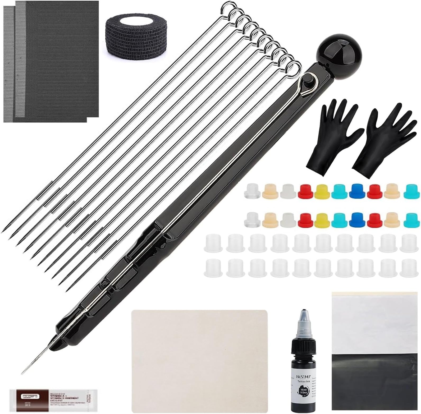 Stick n Poke kit for Beginners Practice,1fl oz Black Tattoo Inks Set,10pcs Needles Mixed Size Transfer Paper and Practice Skins Tattoo Kit for Beginners