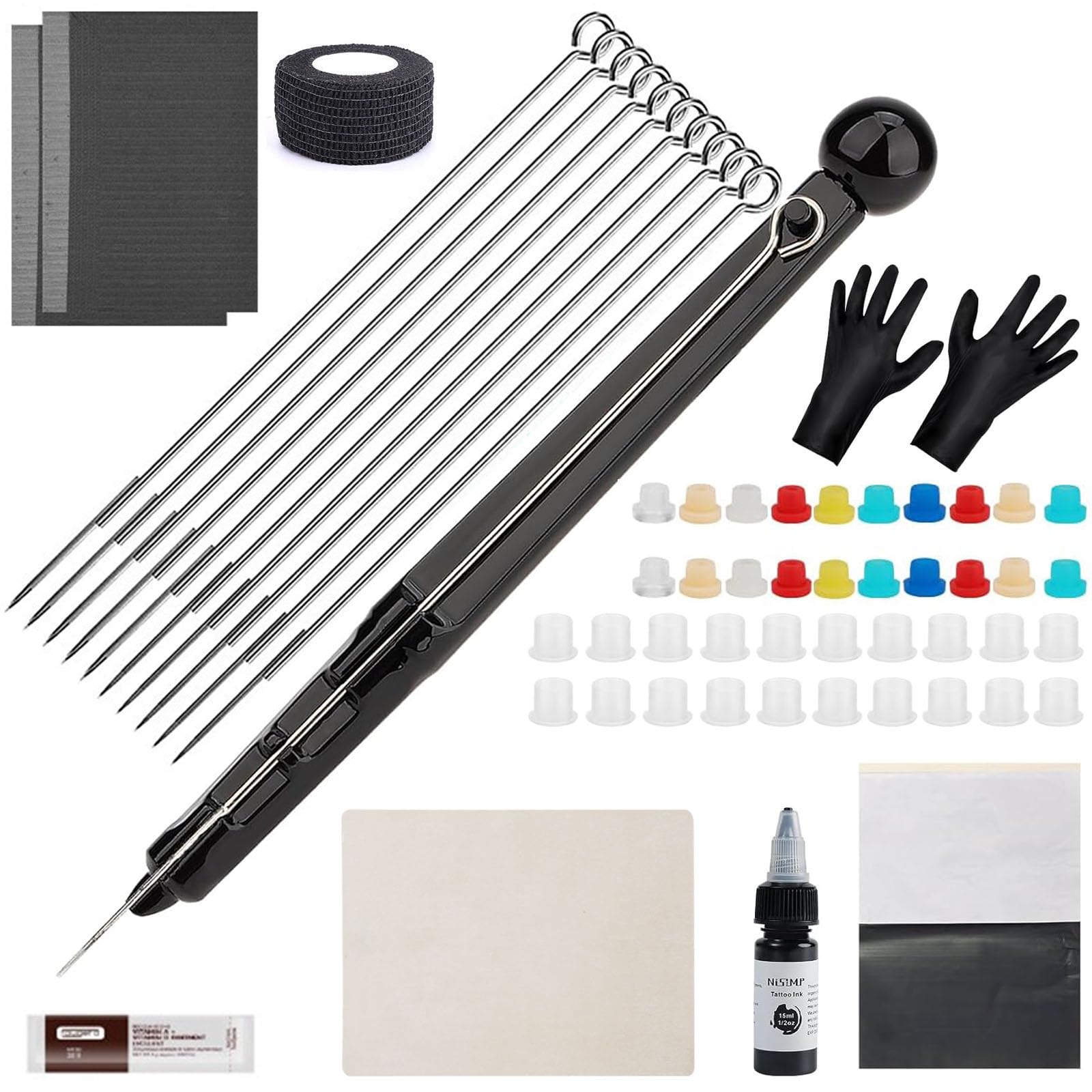 Stick n Poke kit for Beginners Practice,1fl oz Black Tattoo Inks Set,10pcs Needles Mixed Size Transfer Paper and Practice Skins Tattoo Kit for Beginners