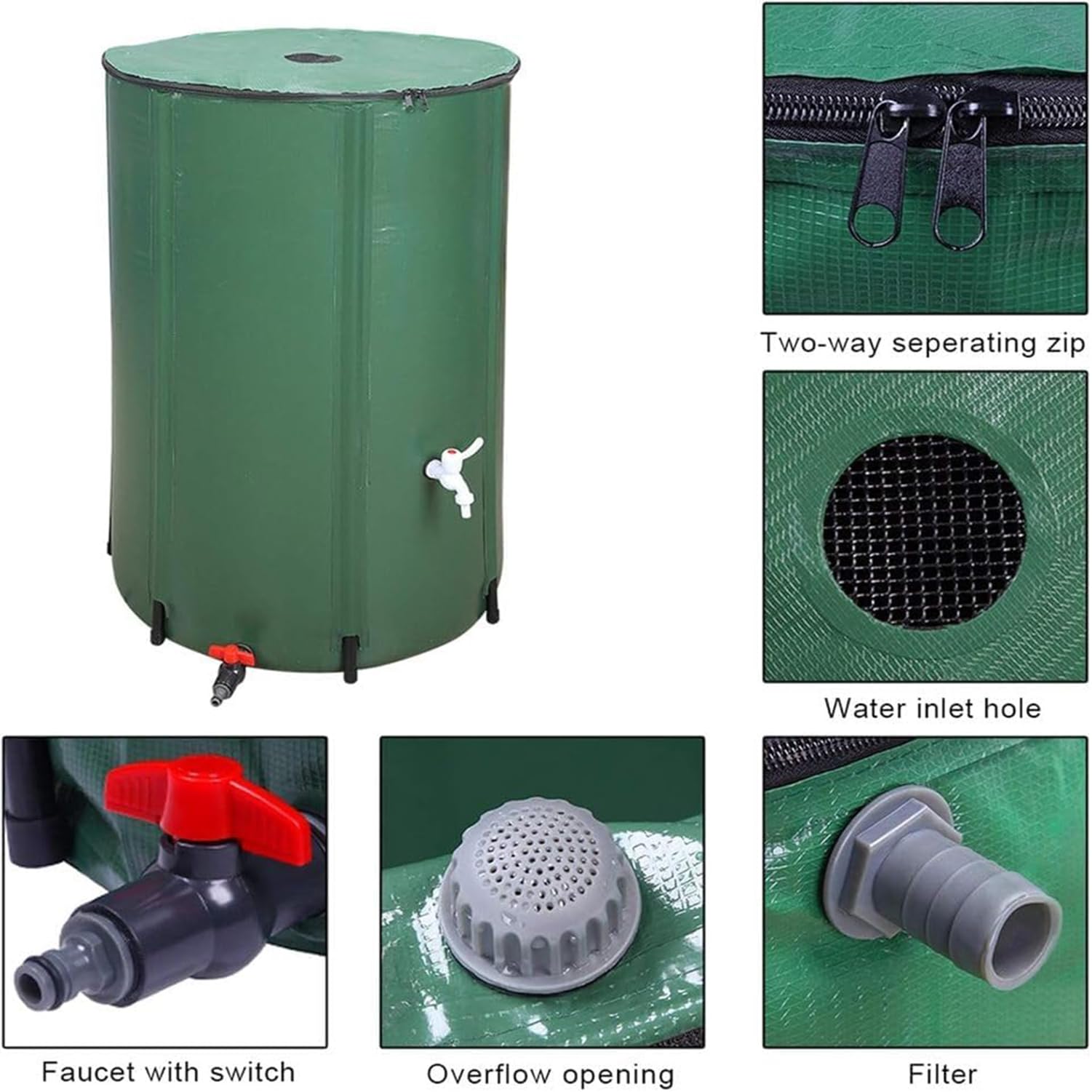 Colector de agua de lluvia, tanque de almacenamiento de agua de 100-1000 litros, contenedor plegable de PVC con filtro para acampar al aire libre y uso en el patio trasero