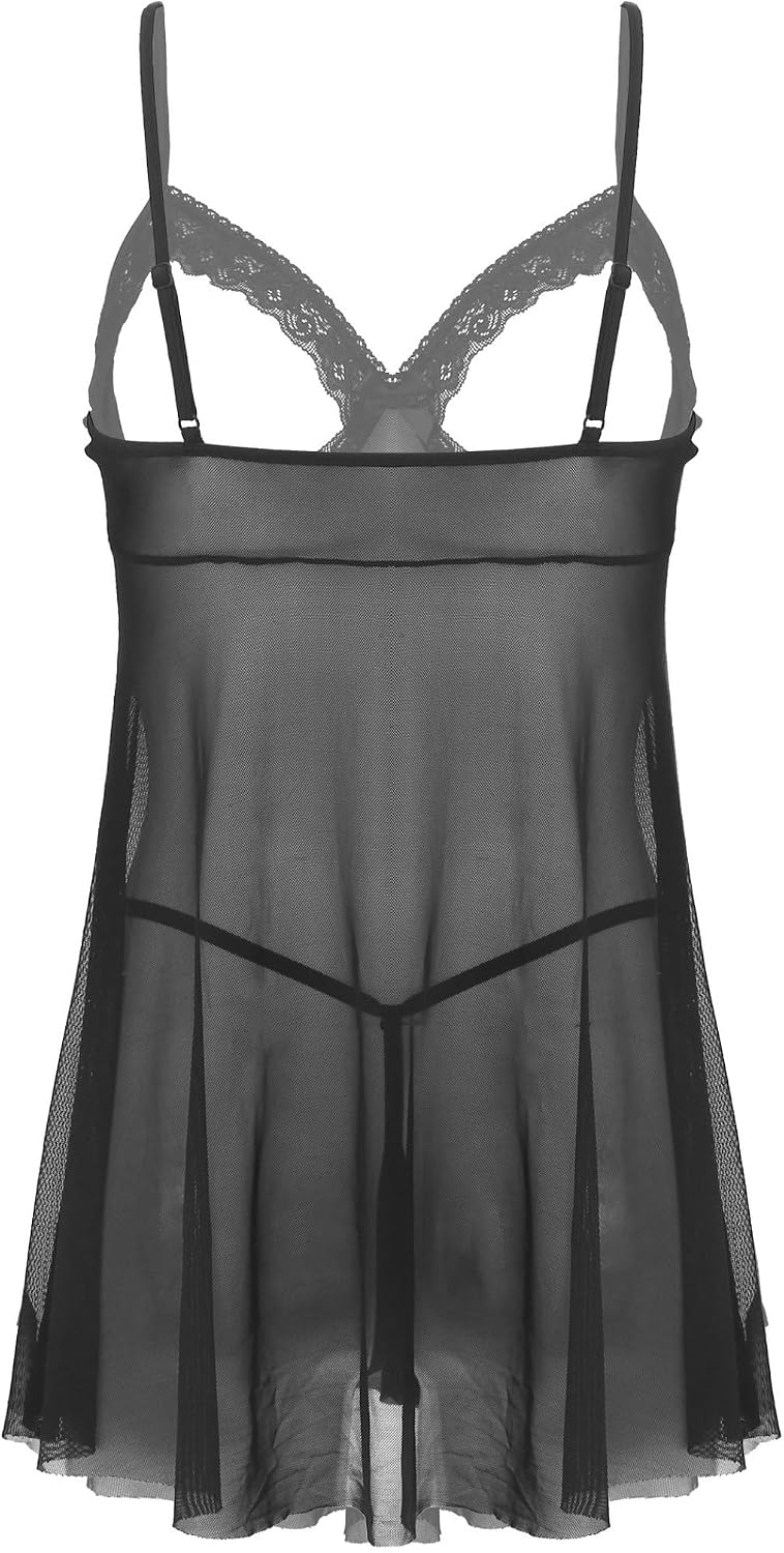 Women's Sheer Mesh Lingerie Set Nightwear Plus Size Lace Trim Open Cup Babydolls G-string
