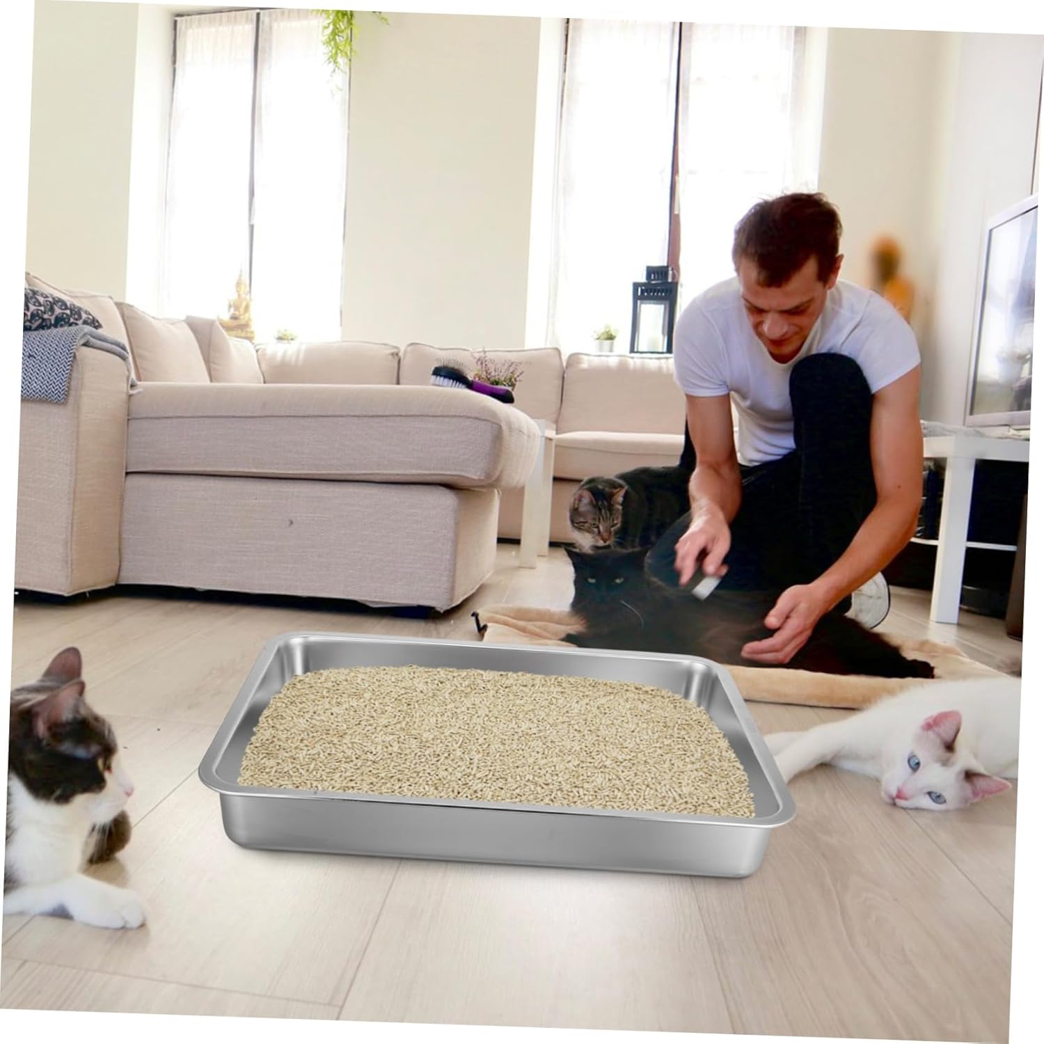 Large Stainless Steel Cat Litter Box Low Edge Open Design Easy Maintain Cat Toilet Tray for Home and Pet Shop Use